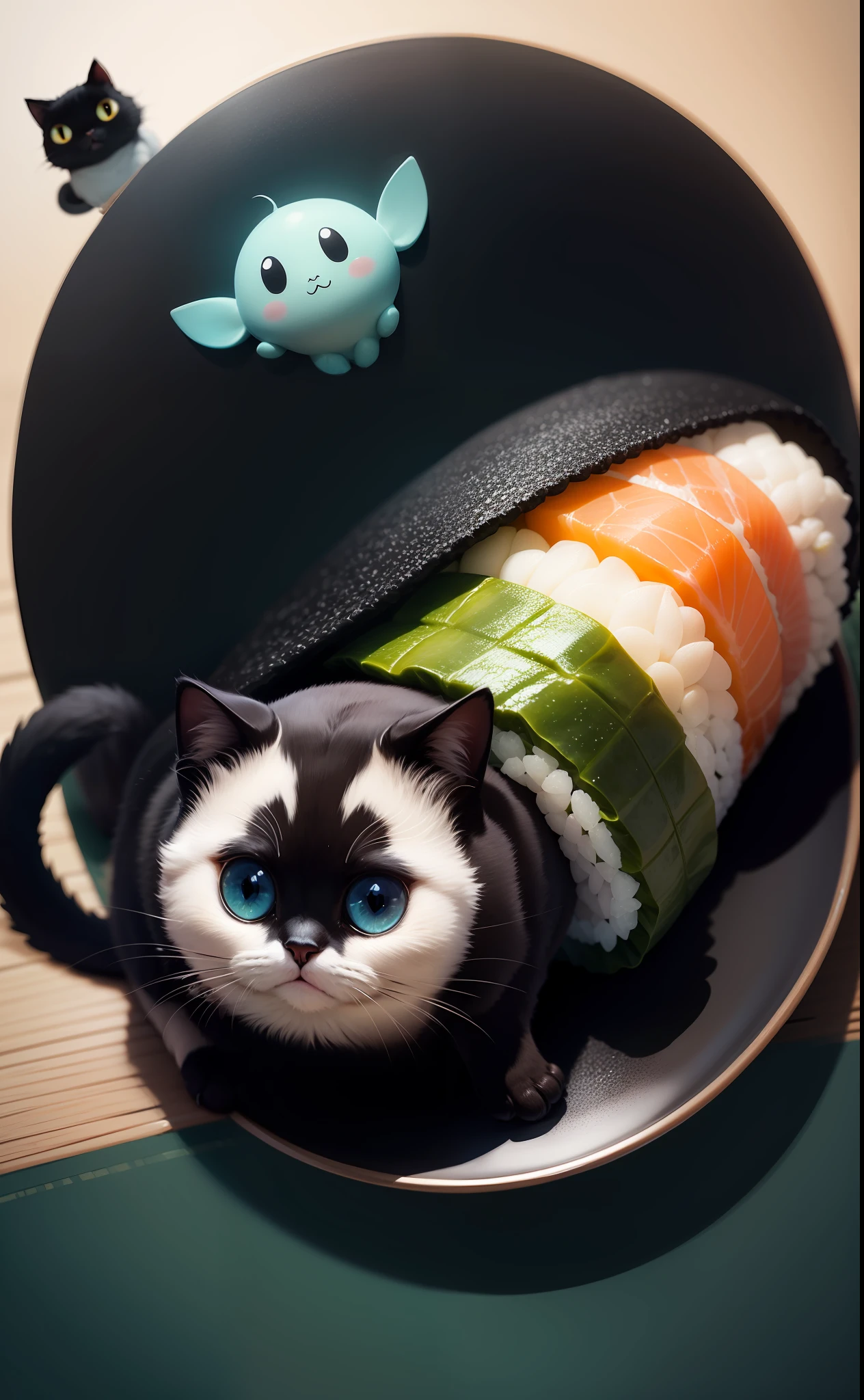 Nori rolls、Ehomaki、Sushi rolls、On a plate、portlate、Daylight、kawaii、Anthropomorphism、black cat、Sparrow、Face in the middle of a nori roll、Animal、Cartoon Visuals、Nori is black、Harmony of black and white、naturey、Yuru Chara、Ocean wind、Japanese-style