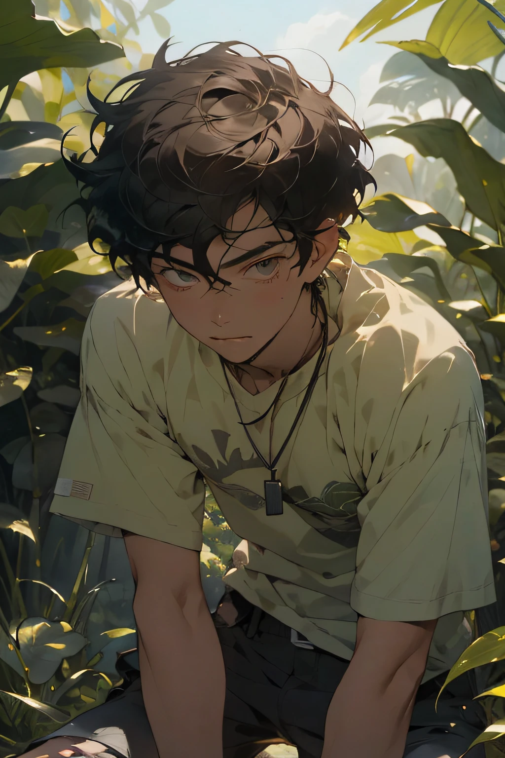 Realistic, (masterpiece, top quality, best quality, official art), very detailed, colorful, most detailed, god, short hair, black hair, handsome man, necklace, short sleeves, jungle