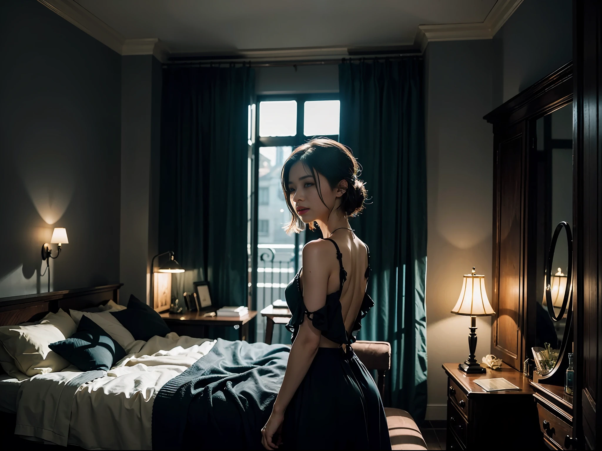 夜晚、A room in a dark apartment、38 talented beauty、back、shed tears、Melancholy face、shadowy、A space of light and shadow、Vast space、(A masterpice、best quality、best quality、Official art、Beautifully Aesthetic:1.2)、(38 talented beauty:1.3)、intensely detailed、a scene from a movie、dark ambiance、highestdetailed、(Zentangle:1.2)、(Dynamic Pause) 、(Abstract background:1.5)、(:1.2)、(Many colors:1.4)、Behind、back、sorrow、Crying、Tears、Crying