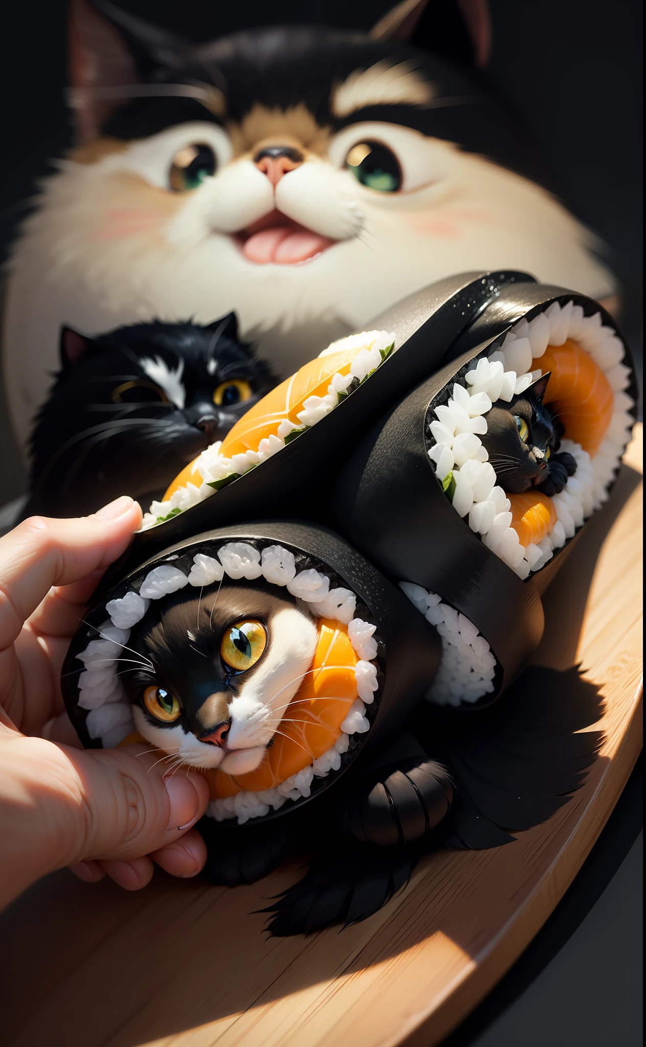 Nori rolls、Ehomaki、Sushi rolls、On a plate、portlate、Daylight、kawaii、Anthropomorphism、black cat、Sparrow、Face in the middle of a nori roll、Animal、Cartoon Visuals、Nori is black、Harmony of black and white、