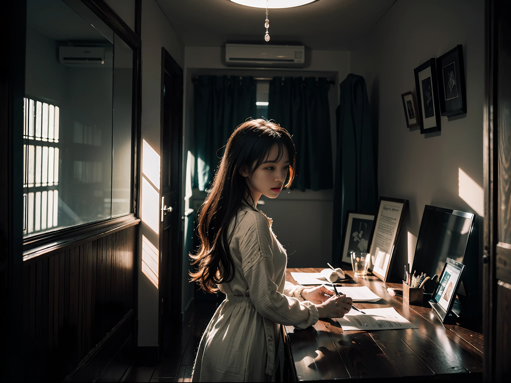 夜晚、A room in a dark apartment、38 talented beauty、back、shed tears、Melancholy face、shadowy、A space of light and shadow、Vast space、(A masterpice、best quality、best quality、Official art、Beautifully Aesthetic:1.2)、(38 talented beauty:1.3)、intensely detailed、a scene from a movie、dark ambiance、highestdetailed、(Zentangle:1.2)、(Dynamic Pause) 、(Abstract background:1.5)、(:1.2)、(Many colors:1.4)、Behind、back、sorrow、Crying、Tears、Crying
