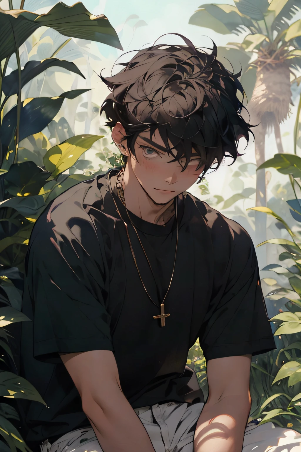 Realistic, (masterpiece, top quality, best quality, official art), very detailed, colorful, most detailed, god, short hair, black hair, handsome man, necklace, short sleeves, jungle