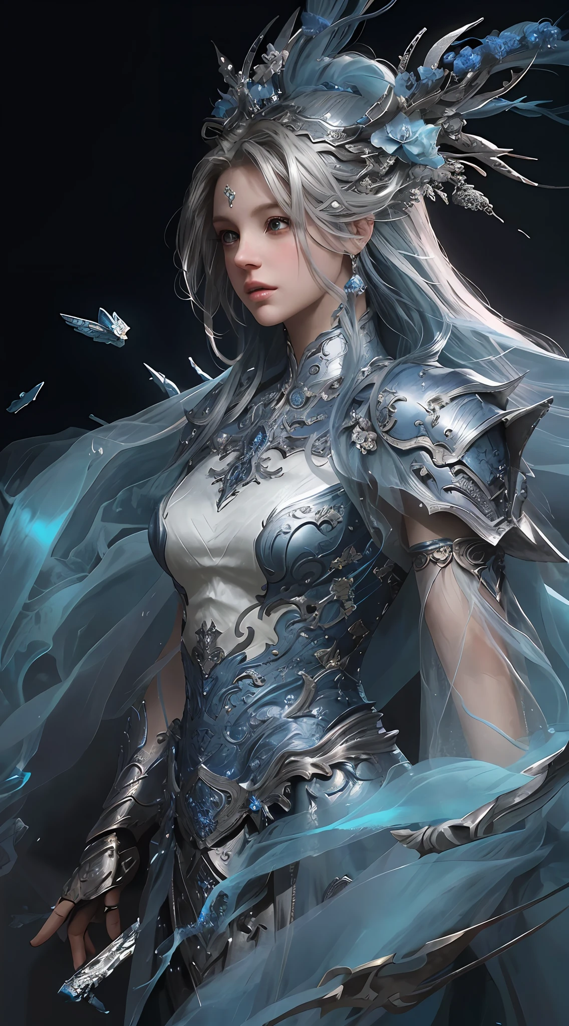 close-up of Britney Spears in a silver and blue dress, chengwei pan on artstation, by Yang J, detailed fantasy art, stunning character art, fanart best artstation, epic and exquisite character art, beautiful armor, extremely detailed art, detailed digital anime art, artgerm on artstation pixiv, girl in armor