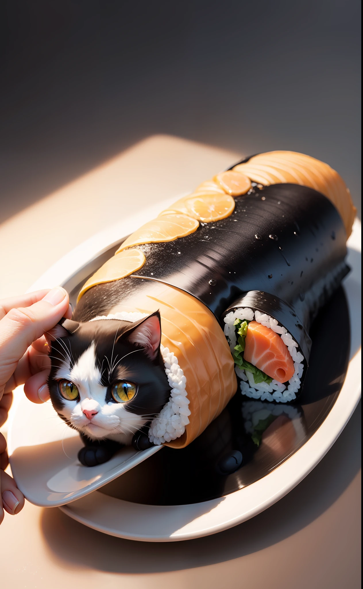 Nori rolls、Ehomaki、Sushi rolls、On a plate、portlate、Daylight、kawaii、Anthropomorphism、black cat、Sparrow、Face in the middle of a nori roll、Animal、Cartoon Visuals、Nori is black、Harmony of black and white、