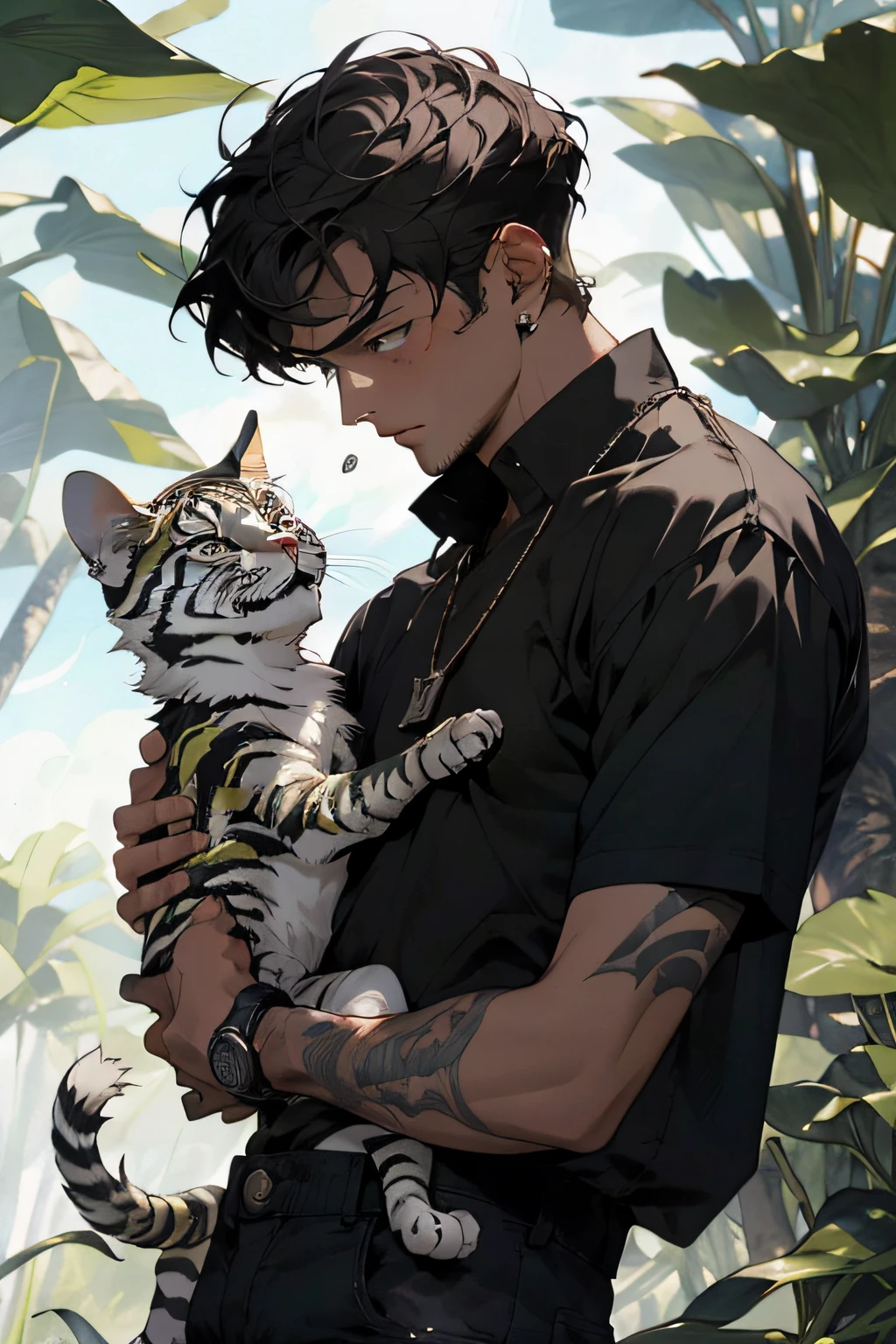 Realistic, (masterpiece, top quality, best quality, official art), very detailed, colorful, most detailed, god, short hair, black hair, handsome man, necklace, short sleeves, jungle