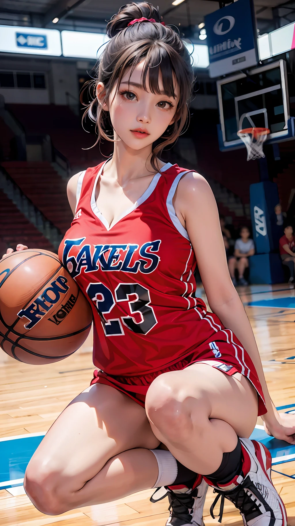 (8k, RAW photo, best quality, masterpiece:1.2), (realistic, photo-realistic:1.4), illustration, highres,hexagon,(1girl), gorgeous, rough skin, (oval face:1.1), professional lighting, photon mapping, radiosity, physically-based rendering, cute,
wear basketball uniform, large breast, ((cleavage)), at basketball court, pureerosface_v1:0.3