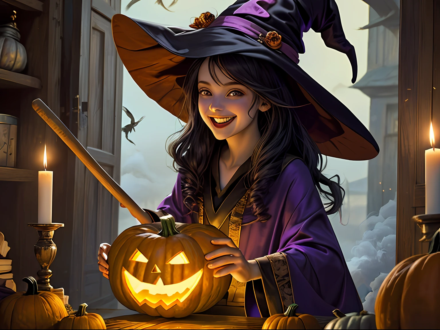(masterpiece, detailed, emotional:1.2), a charming and endearing witch clumsily casting spells, (beautiful and enchanting:1.2), dressed in traditional witch attire, complete with a witch hat, (vibrant purple robes:1.1), (mischievous glint in her eyes:1.2), as she fumbles with her spellbook, (aged and worn:1.1), (flowing locks of raven hair:1.1), her adorable incompetence evident in her actions, (sparks and colorful magical bursts:1.2), resulting in comical effects, (puffs of smoke:1.1), (floating objects:1.1), (accidentally transforming a broomstick into a pumpkin:1.2), her genuine and infectious laughter fills the air, (heartwarming smile:1.2), (rosy cheeks:1.1), (expressive gestures:1.1), her attempts at magic are filled with genuine enthusiasm, (whimsical and chaotic surroundings:1.2), a cozy and cluttered cottage, (flickering candlelight:1.1), capturing the joyful and lighthearted spirit of this bumbling but lovable witch.