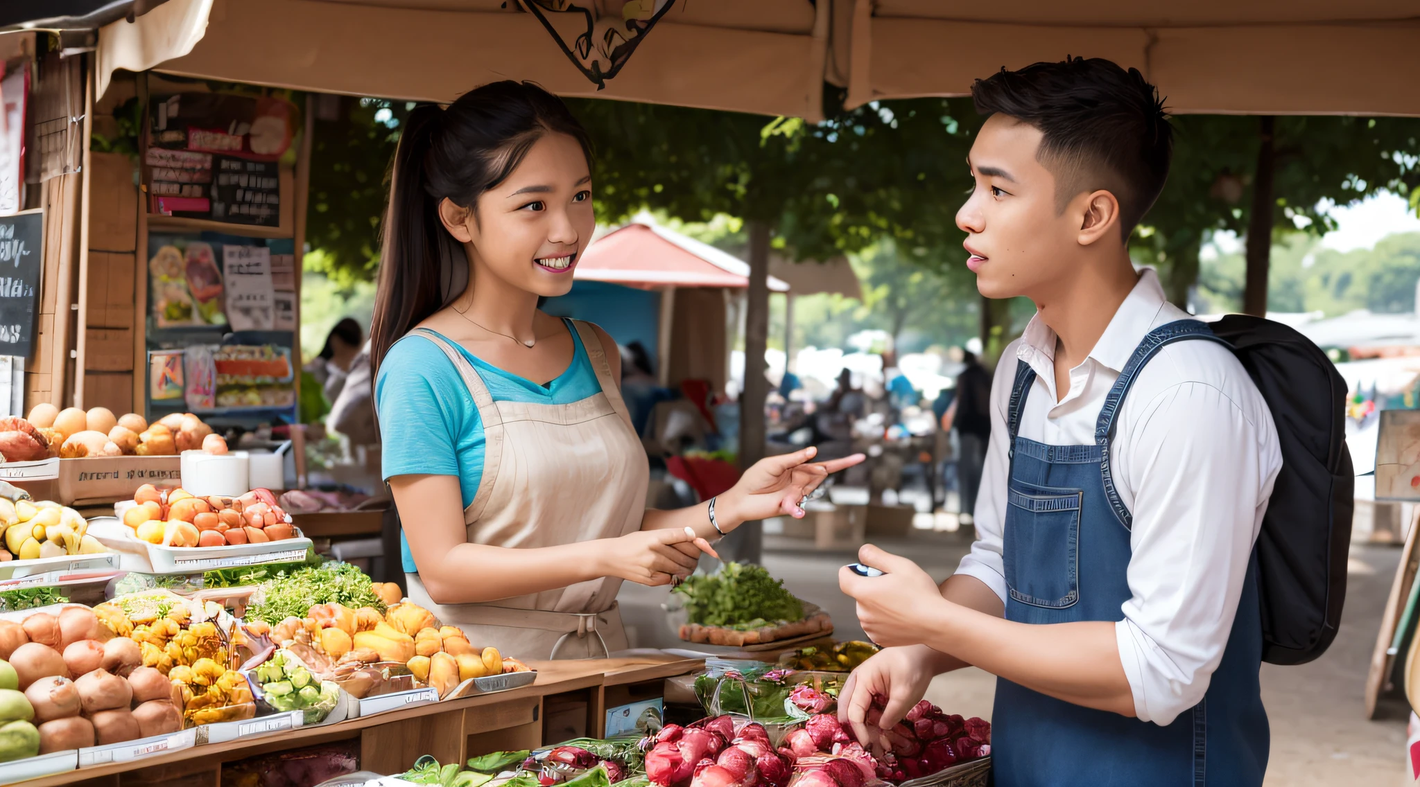 a housewife at an open market talking to a young man --auto