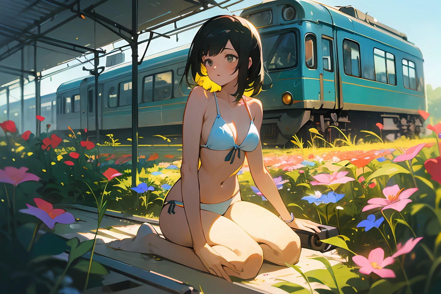 (masterpiece, best quality:1.2), abandoned train, in a flower field, 1girl, white bikini, sitting by a train, warm, summer, vibrant colors, best lighting, best shadows