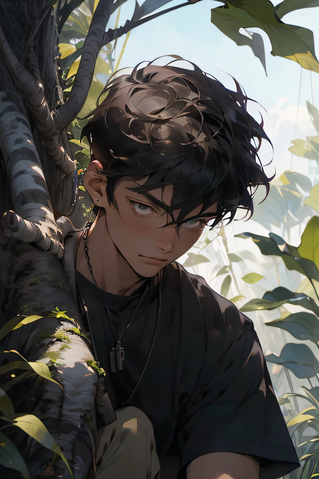 Realistic, (masterpiece, top quality, best quality, official art), very detailed, colorful, most detailed, god, short hair, black hair, handsome man, necklace, short sleeves, jungle