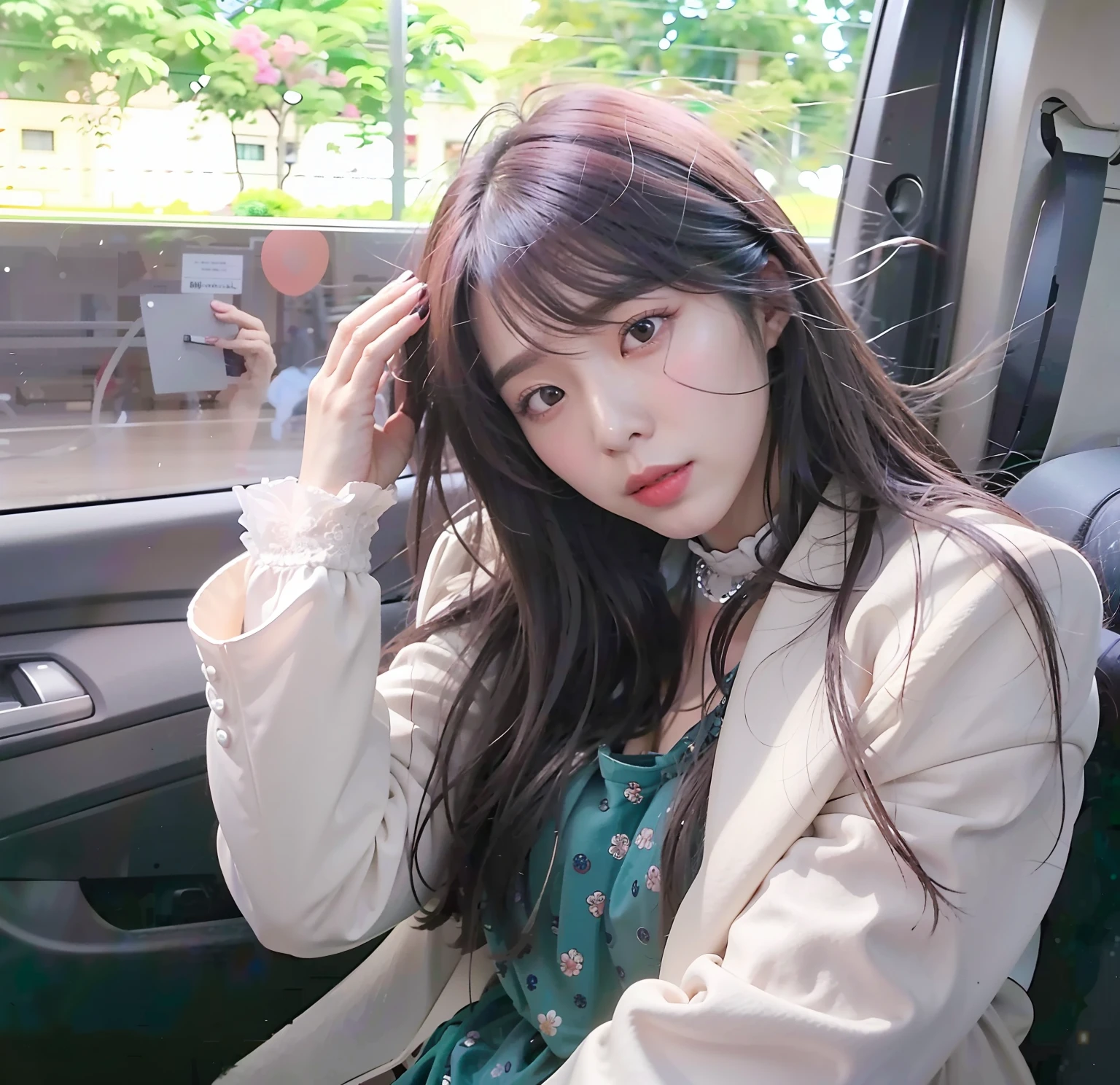 Araki woman sitting in the car,Hair tied in a ponytail, Urzan, bae suzy, sakimichan, Korean girl, She has black hair,hair bangs, Beautiful Korean Woman, wan adorable korean face, long haired,Thick bangs, 8K)), lalisa manobal, Beautiful young Korean woman, Jin Young Shin, Long hair with bangs