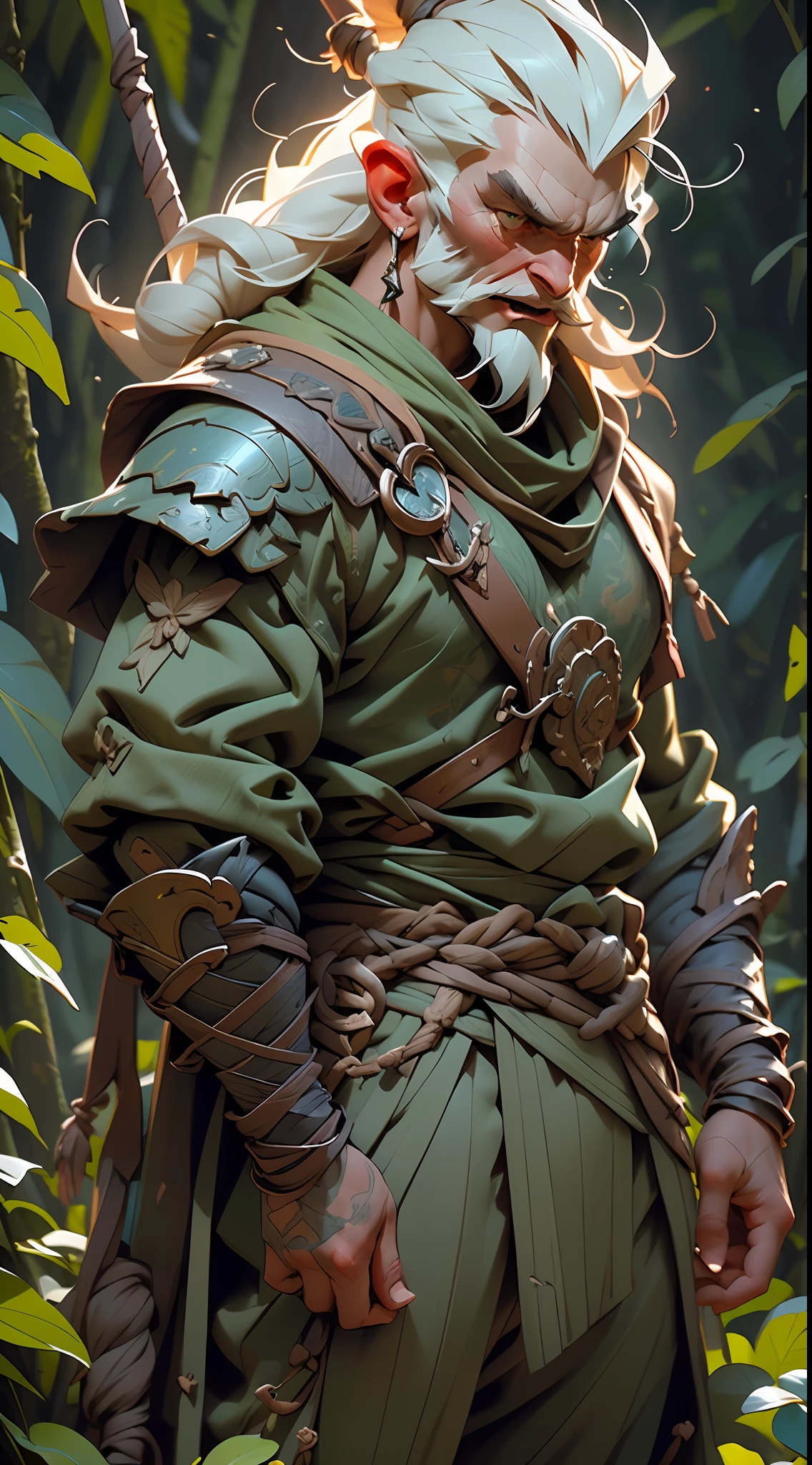 (an ultra-realistic portrait of a battle-hardened viking in his 70s), masterful craftsmanship, best quality detailing, powerful screaming expression, unruly viking hair, armored pants, defined chest and sinews, scarred and serious facial expression, deep green forest background.