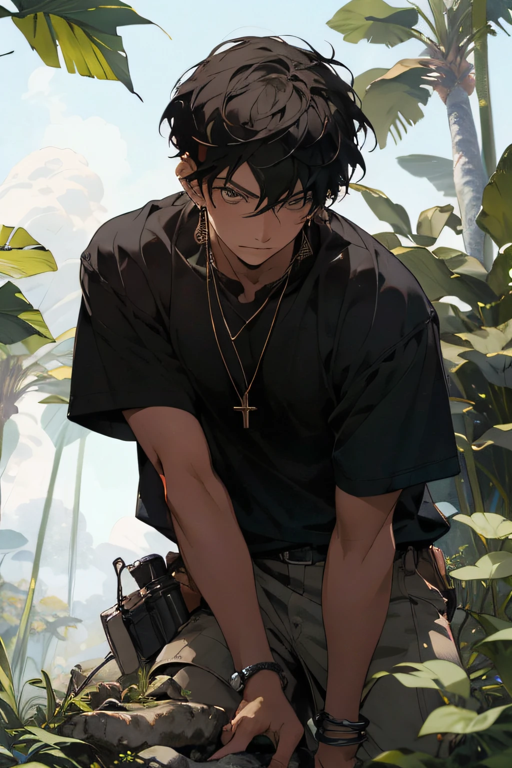 Realistic, (masterpiece, top quality, best quality, official art), very detailed, colorful, most detailed, god, short hair, black hair, handsome man, necklace, short sleeves, jungle