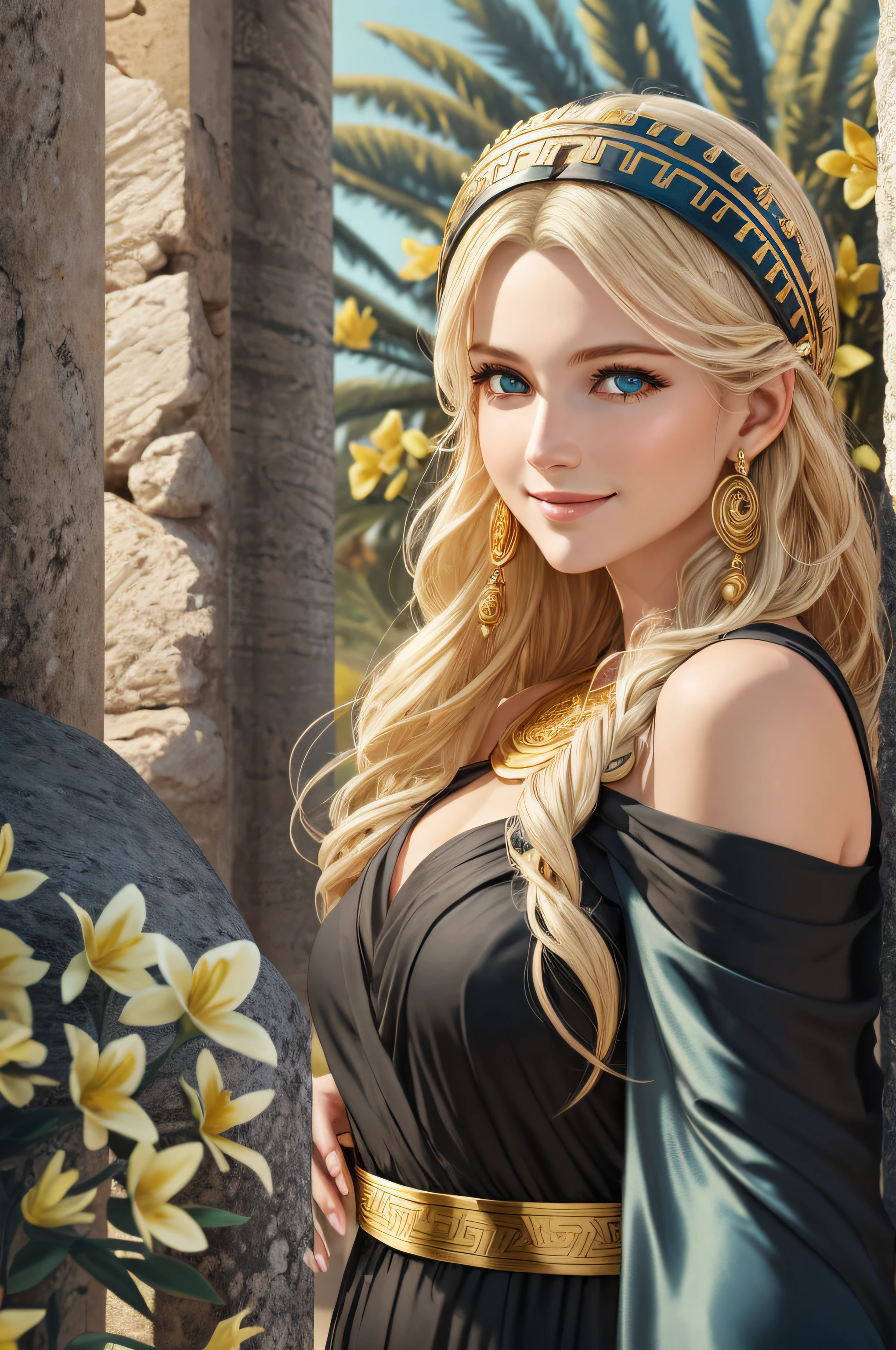 mother goddess of mercy and fertility, with blonde hair and blue eys, is fair-skinned, (looks very mild and gentle), is smiling happily, wears {elegant, long, loose, (black:1.3), greek toga}, puts on golden circlet, ancient Delos island, palm trees, golden flowers, Greek mythology, celestial and peaceful atmosphere, photorealistic, super high quality, super detail, ultra accurate description of hands, masterpiece, 8K, HDR
