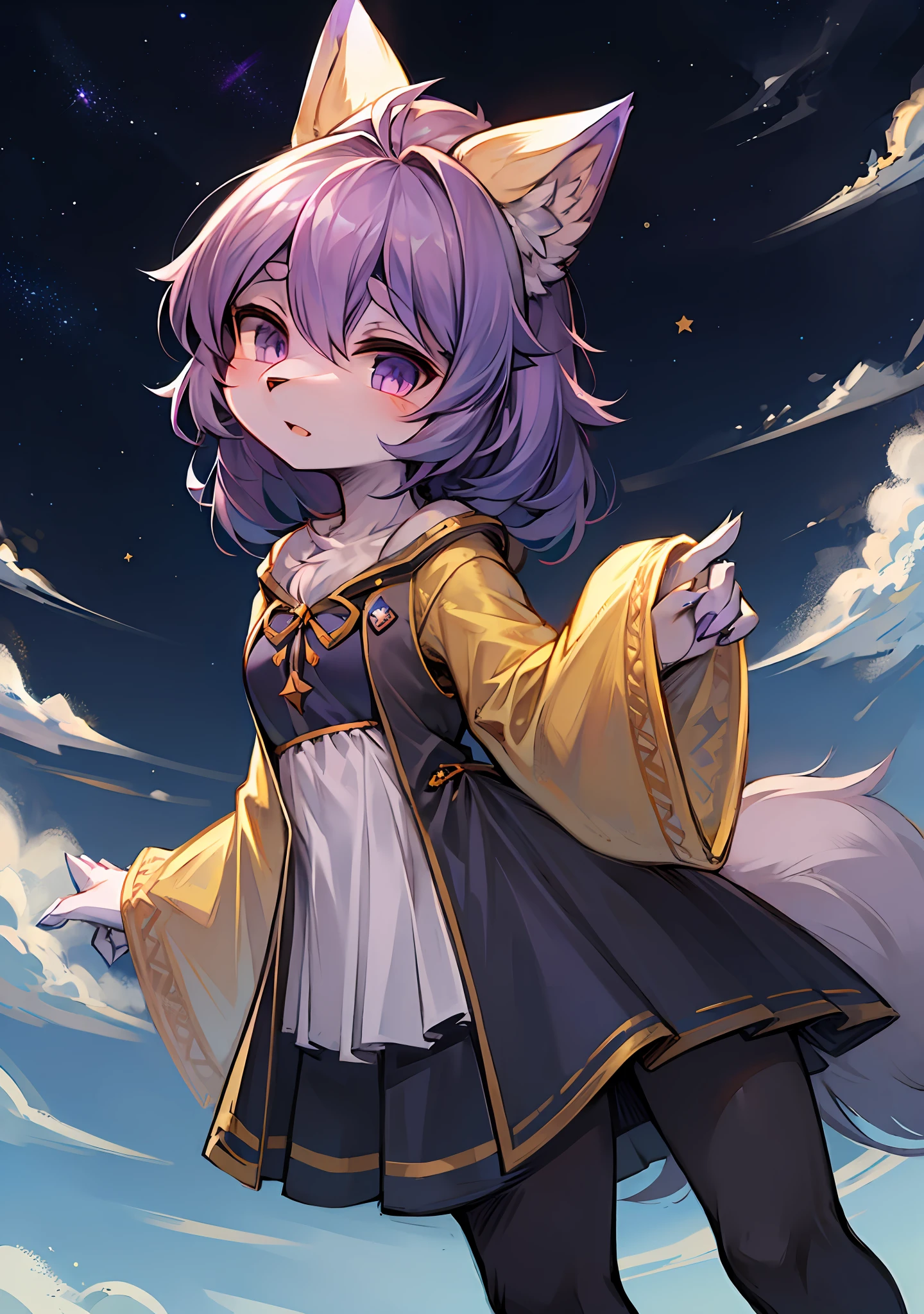 wolfs，gal girl，Cutes，Gray-purple fur，shaggy，As estrelas，lune，the clouds，high quality background，freshen