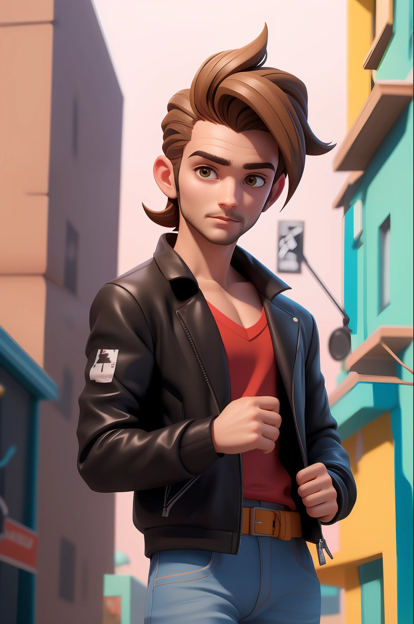 3dcharacter, (1man, 28 anos, masculino: 1.2), Black jacket, olhos castanhos , barba grossa ruiva, cabelo ruivo, V-Neck Top, (ombros, neck and face: 1.2), Journalistic Studio Background, obra-prima, melhor qualidade, (fundo claro do gradiente marrom: 1.1)
