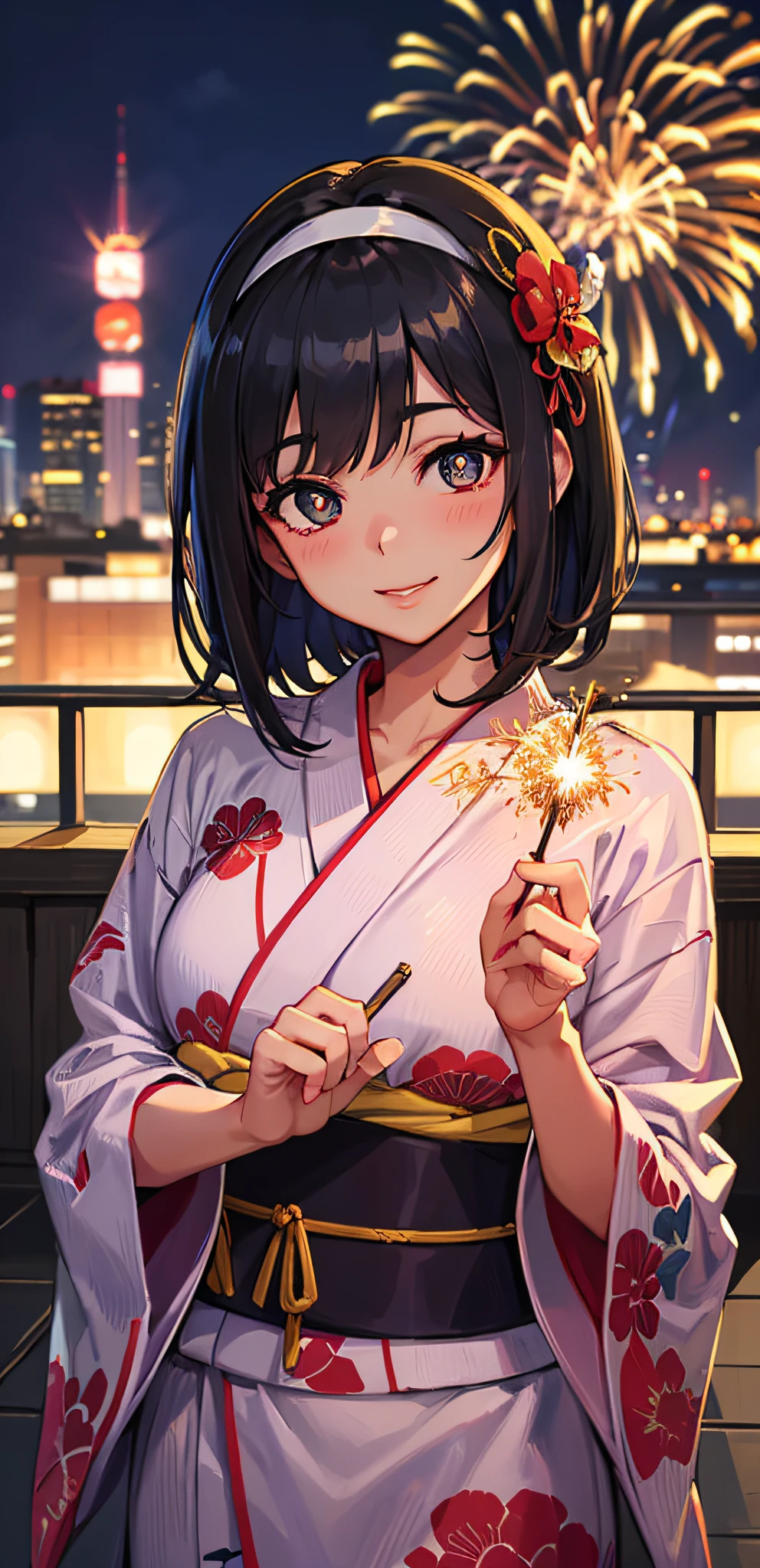 nmasterpiece,最佳质量,Best light and shadow,8K,UltraHighResolution,ultra-detailed detailed,Onegirl,looking at the spectator, Beautiful pupils,short-cut hair, Hairband bow,eyeshadows,Morena,Cutes,Lori,lipsticks,Blushlush,Fireworks Yukata,Black sky,Lips closed,Colorful fireworks in the sky,Fireworks Festival,Smile,The background is full of tall buildings,On the rooftop,Pose pose
