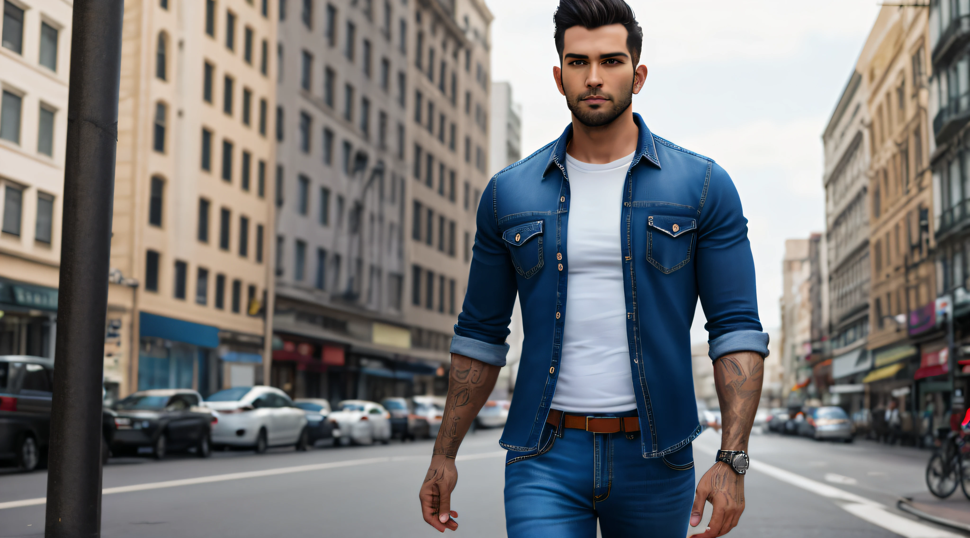 um retrato de homen, 35 anos, corpo inteiro, camisa preta, Denim Jeans Pants, cabelo curto, roupas simples, 8k, ultra realista, mega realista, foto raw, fundo desfocado, na cidade, solo, magro, thin arm, perna fina --auto
