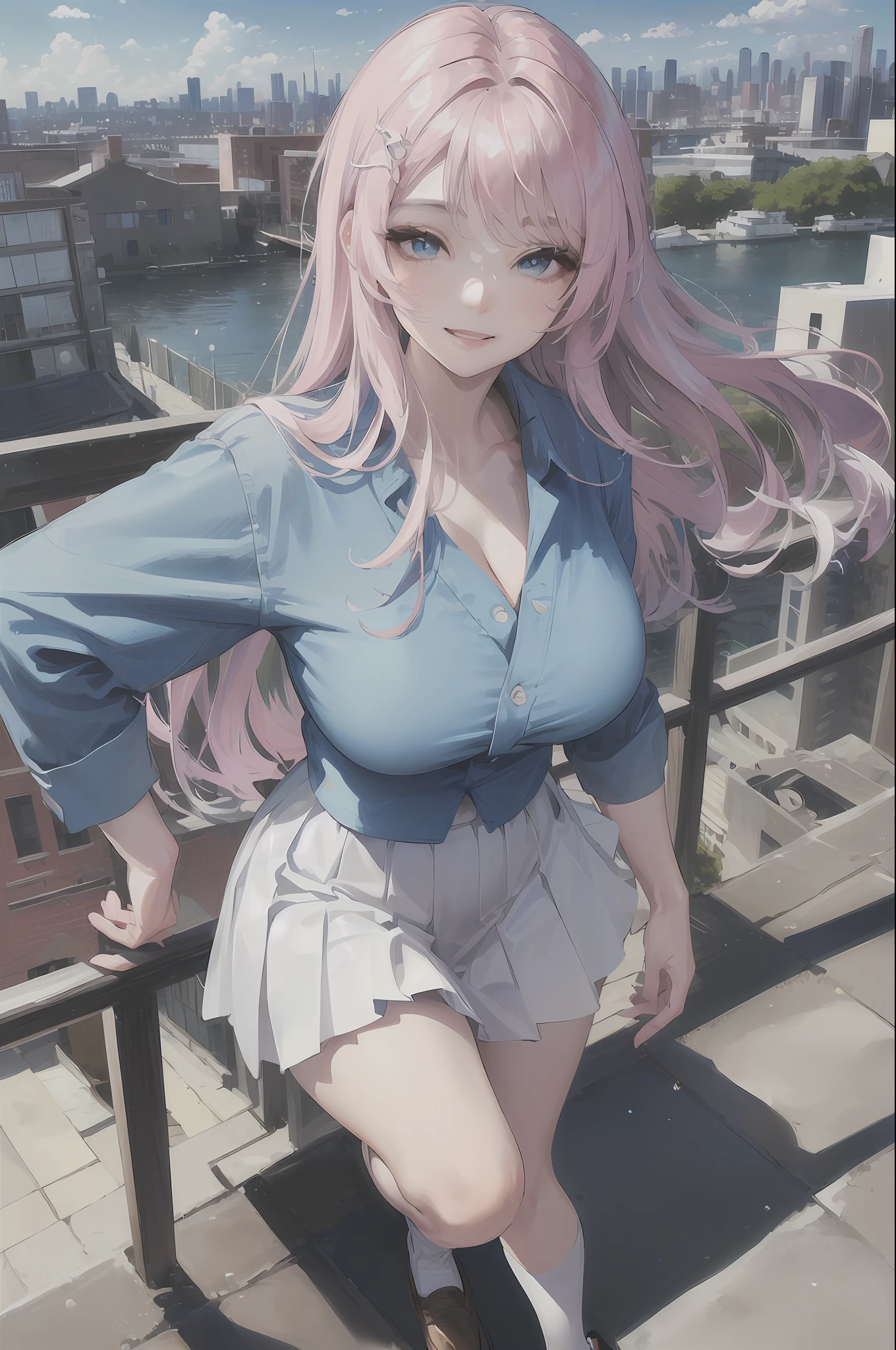 official art, masterpiece, sharp focus, (beautiful gorgeous cute Korean woman:1.3), (beautiful cute korean:1.3), korean beauty, Delicate and beautiful hair and eyes and face, realistic, ultra detailed, beautiful girl, blue sky, glow white particle, (sidelighting:1.2), sun light, white cloud, detailed clouds, slender, Lovely very large breasts and very large hips, smile with teeth, ((smile with eyes, open both eyes)), scenery, long straight hair, sexy facial expression, building, (cityscape:1.7), dynamic hair, long straight hair, detailed platinum pink hair, glow blue eyes, (blue pleated shirts + white skirt), white long socks, pale skin, hair ornament, epic scenery,