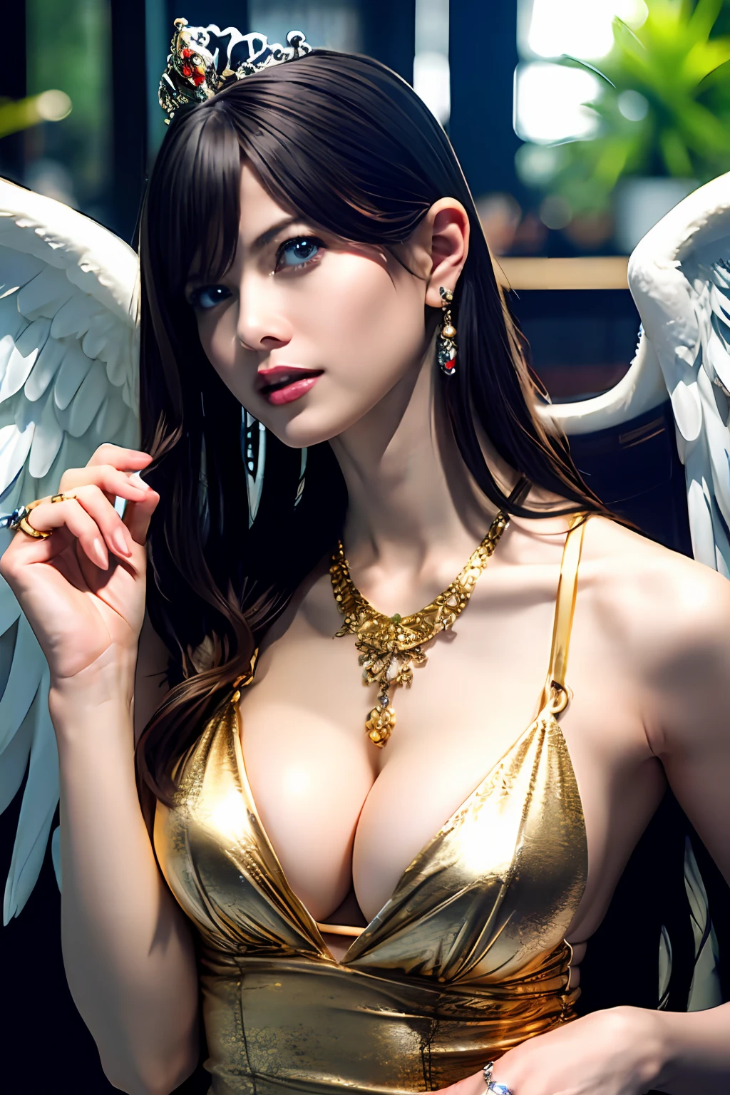 Ultra-detailed complex 3D rendering of the face, (Colossal: 8.8), (masterpiece, top quality, octane rendering, 8K), glamour shot full body image, cleavage, (highly detailed skin: 1.2), (exposure: 1.1), (blonde), (wearing a plummet tank top of gold silk: 1.5)), brown hair, one, long braided hair, big breasts, dynamic angle, mystical expression, Ultra-realistic photos, ((portrait)))), bare feet, futuristic city background, facial muscles, detailed and beautiful queen tiara, in the style of Marvel Comics, clear focus, studio photography, intricate detail, highly detailed, detailed yellow eyes, sharp focus, digital rendering, professional, abs, ((((sexy pose)))), natural jungle, Lightly open mouth, mansuji, crotch, seductive expression, angel ring, detailed angel wings, angel ring, detailed and clean mouth, detailed jewelry necklace, perfect body beauty: 1.4, shining light particles, buttocks, beautiful legs, very ridiculous,