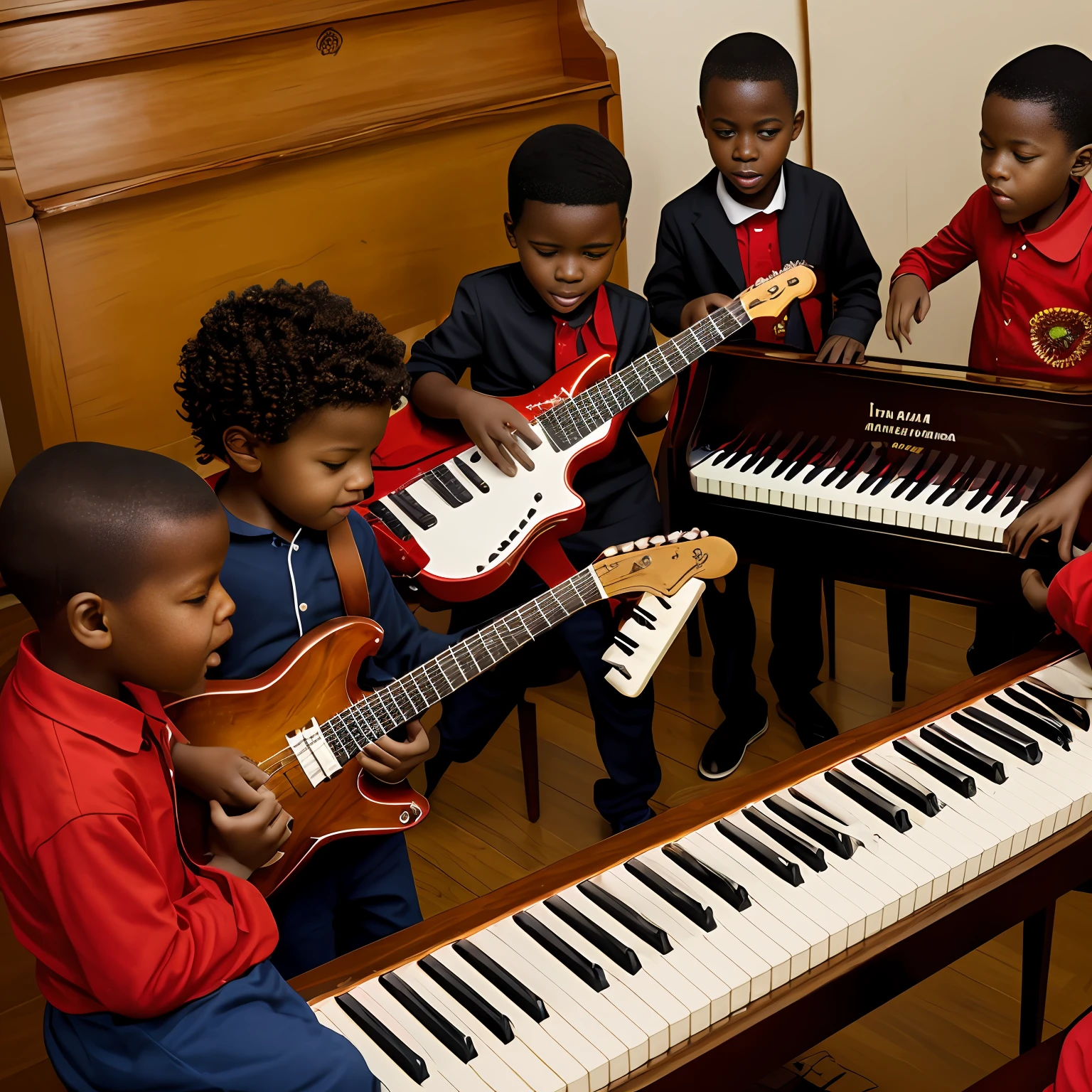 meninos africanos tocando piando e vocalista, Banda Musical Infantil Africana, guitarra de piano