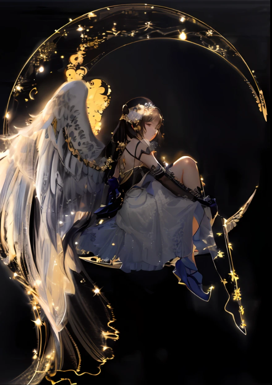 (Super detail, CG, Unity, 8k壁紙), (巨作), (Realistic), (Black wings：1.5), princess, (whitish skirt:1.5), (extremely lifelike: 1.2), (Original photo: 1.2), (Best quality: 1.2), (Detailed face: 1.3), (Detailed body: 1.3) Crescent, cradle, (Disney Princess sitting on the crescent moon cradle: 1.5), (Beautiful and delicate eyes: 1.2), the surrounding star sky, (Detailed hair), 1 girl, (Angel's wings: 1.4), surrounding stars, (cabelos preto e longos: 1.3)