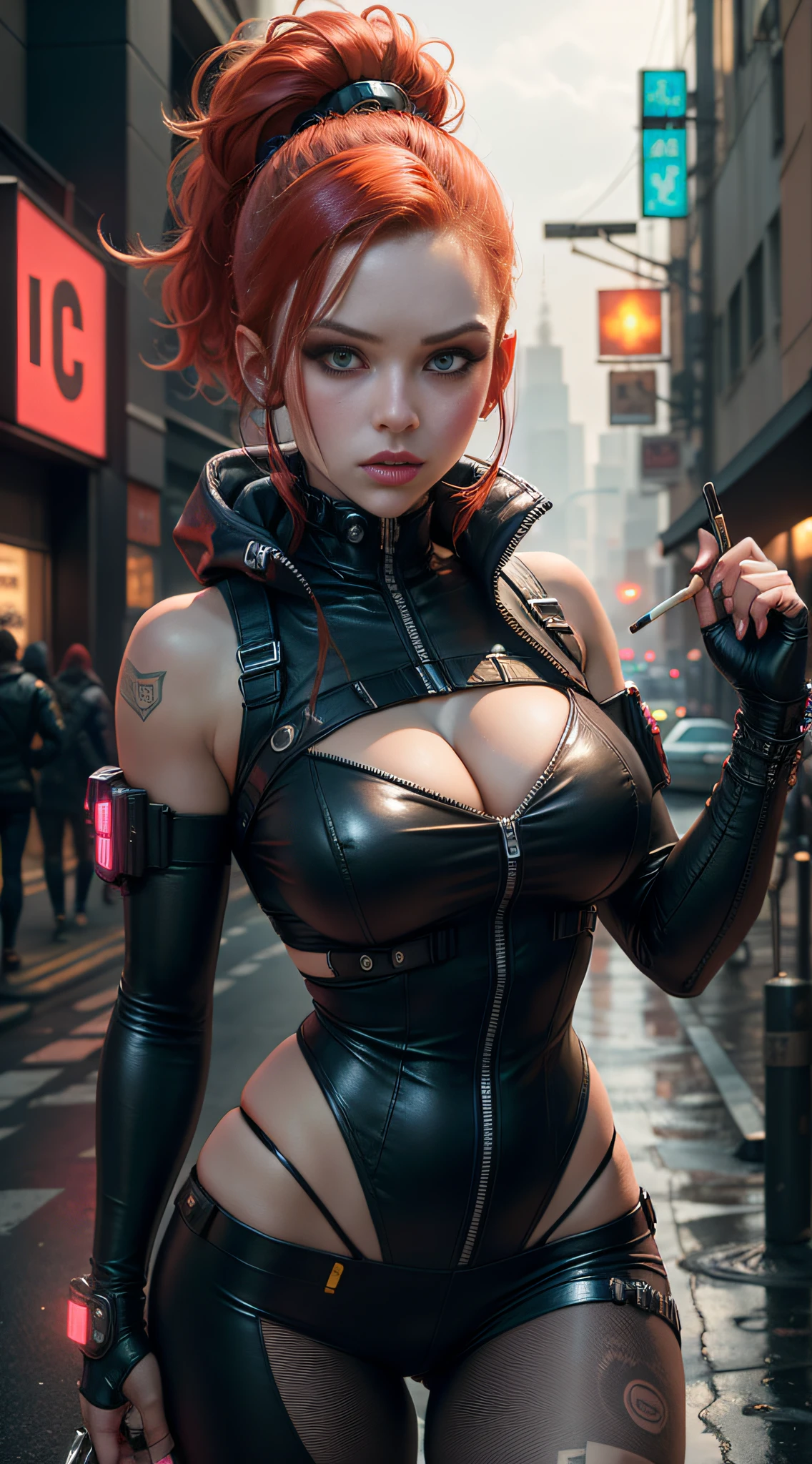 Il y a une femme en tenue de cuir noir tenant une cigarette, Cyberpunk 2 0 et. o model girl, Dans Cyberpunk City, Fille cyberpunk, hyper-realistic cyberpunk style, redhead female cyberpunk, Cyberpunk Angry Gorgeous Goddess, Cyberpunk Belle fille, female cyberpunk anime girl, Style cyberpunk , Hyperrealistic, cyberpunk art ultrarealistic 8k, dans le style cyberpunk, Oppai Cyberpunk