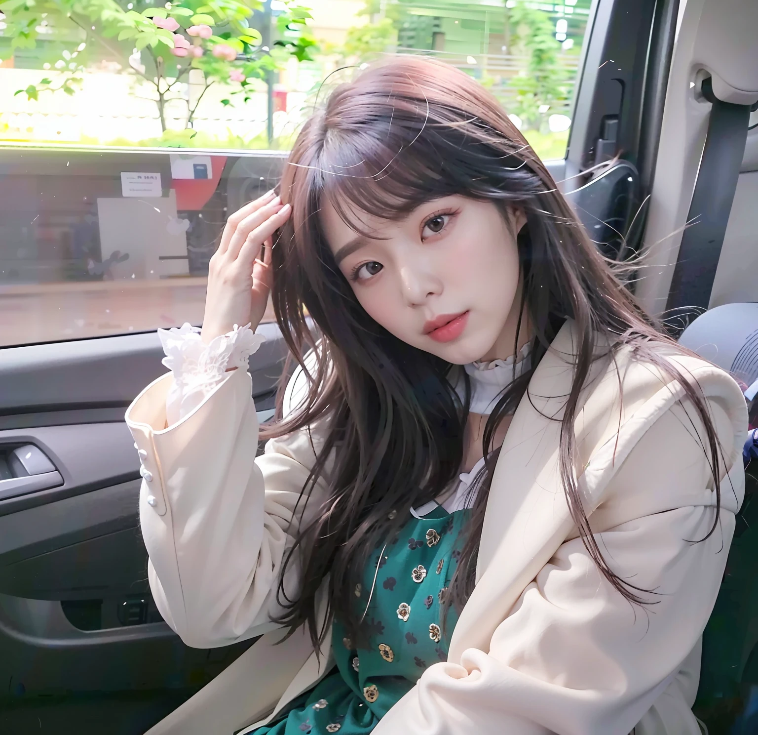 Araki woman sitting in the car，Hair tied in a ponytail, Urzan, bae suzy, sakimichan, Korean girl, She has black hair，hair bangs, Beautiful Korean Woman, wan adorable korean face, long haired，Thick bangs, 8K)), lalisa manobal, Beautiful young Korean woman, Jin Young Shin, Long hair with bangs