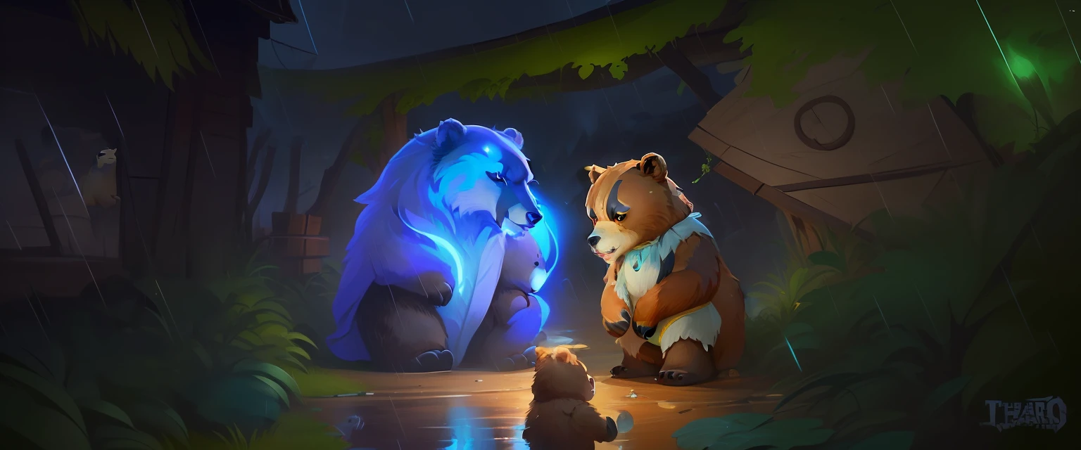 there is a cartoon picture of a bear and a bear cub in the rain, glowing lights! digital painting, stylized digital illustration, game illustration, adorable digital painting, maple story indiana jones, water bear, procreate illustration, forbidding spirit!!, spirits, painted as a game concept art, spirit fantasy concept art, bears, : native american shamen fantasy