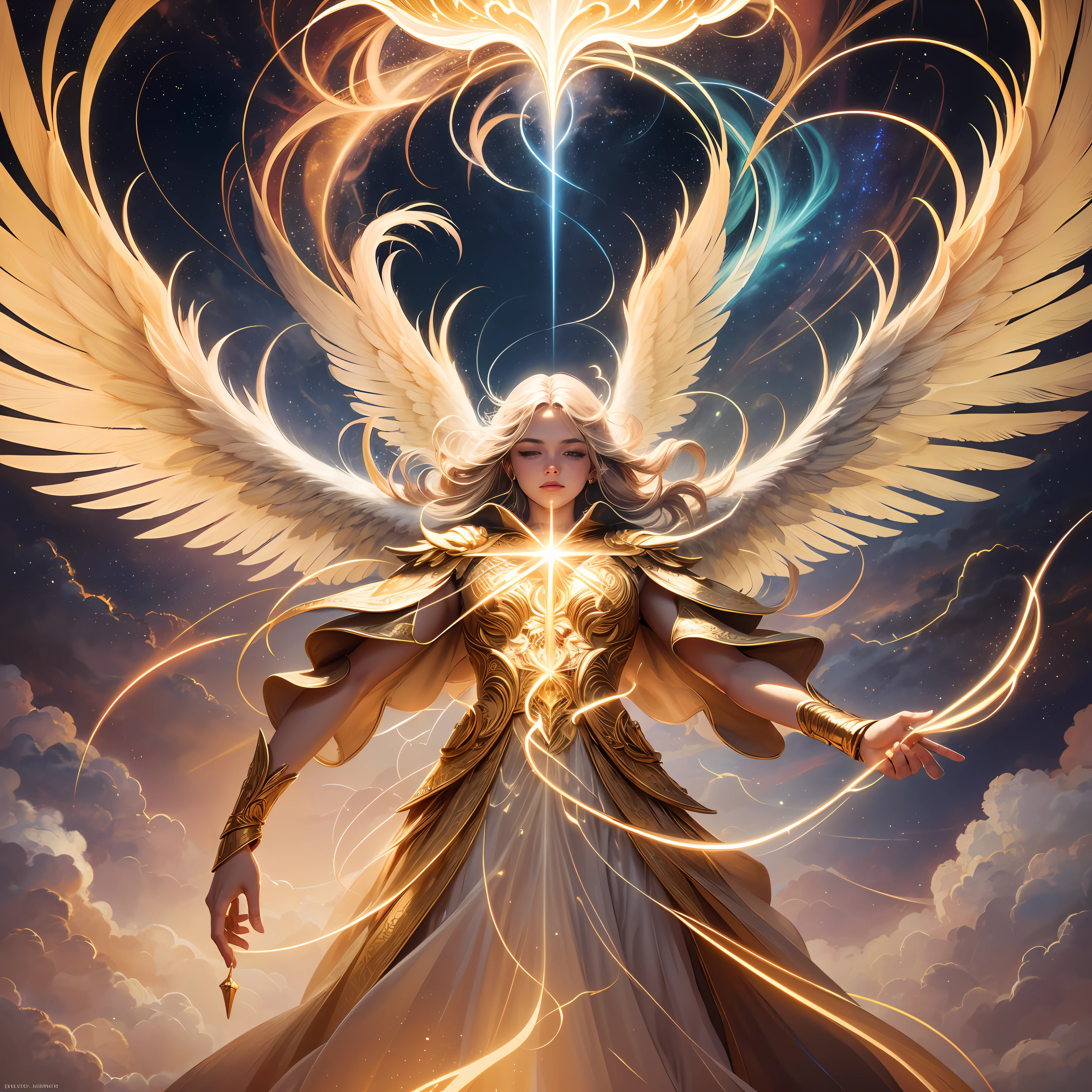 A majestic celestial being soars through the billowing clouds, crackling with the power of lightning. Cloaked in a resplendent golden attire, the celestial figure emanates a radiant glow that illuminates the surrounding sky. With outstretched wings spanning wide, each feather shimmers with an ethereal light. Lightning arcs from the celestial being's fingertips, illuminating the heavens with its electrifying brilliance. The atmosphere is charged with energy and awe, as if witnessing the raw power of nature harnessed by a divine entity. Illustration, created digitally with dynamic brush strokes and vibrant colors --auto --s2