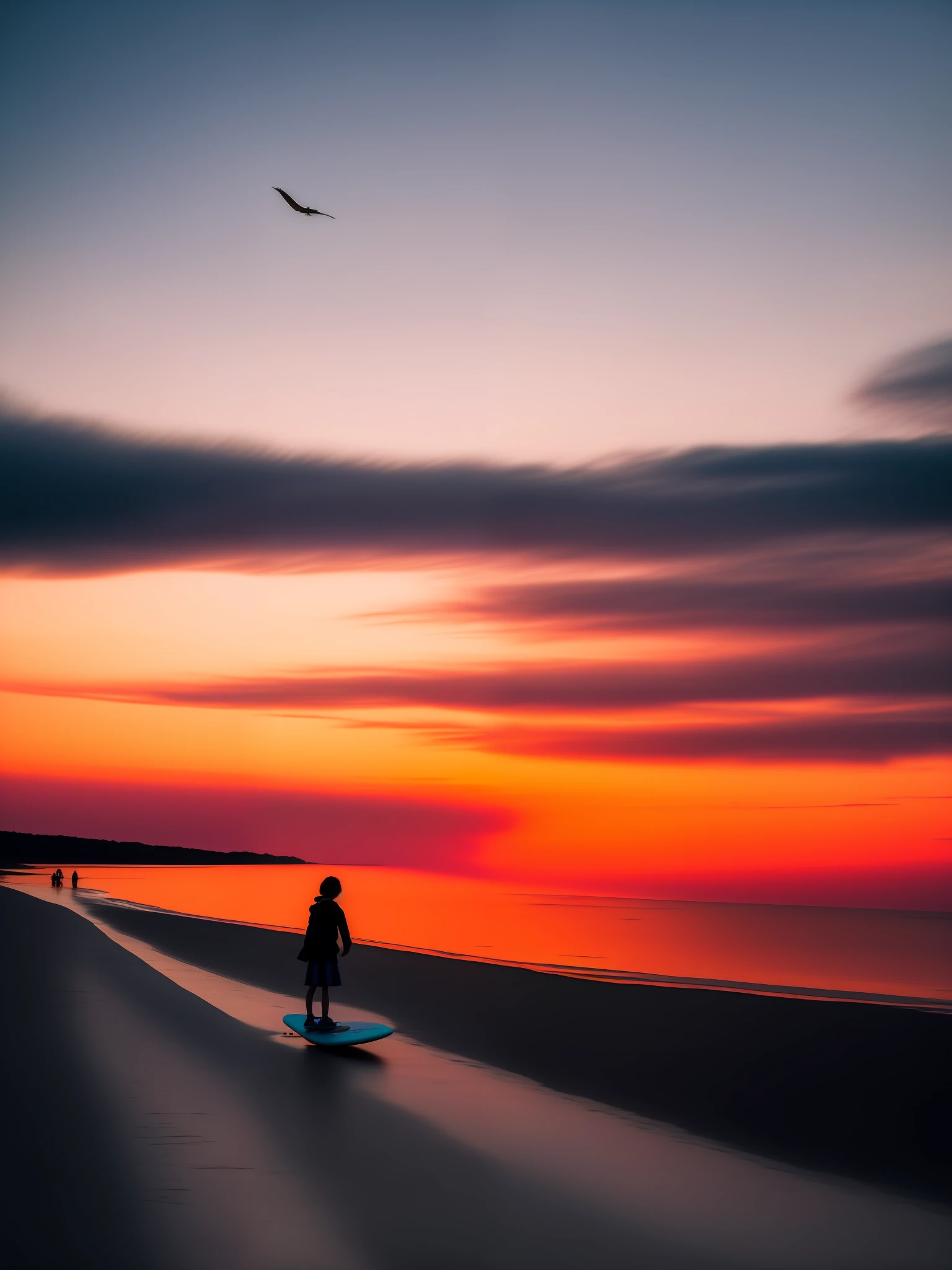 Approaching evening,The sun began to sink into the horizon,The sky corresponds to a bright color,Beautiful pink sunset,Through the clouds,Form a road,Like the glow of a soft feather。A six-year-old girl surfs in the sea,Watch the sunset on a surfboard。