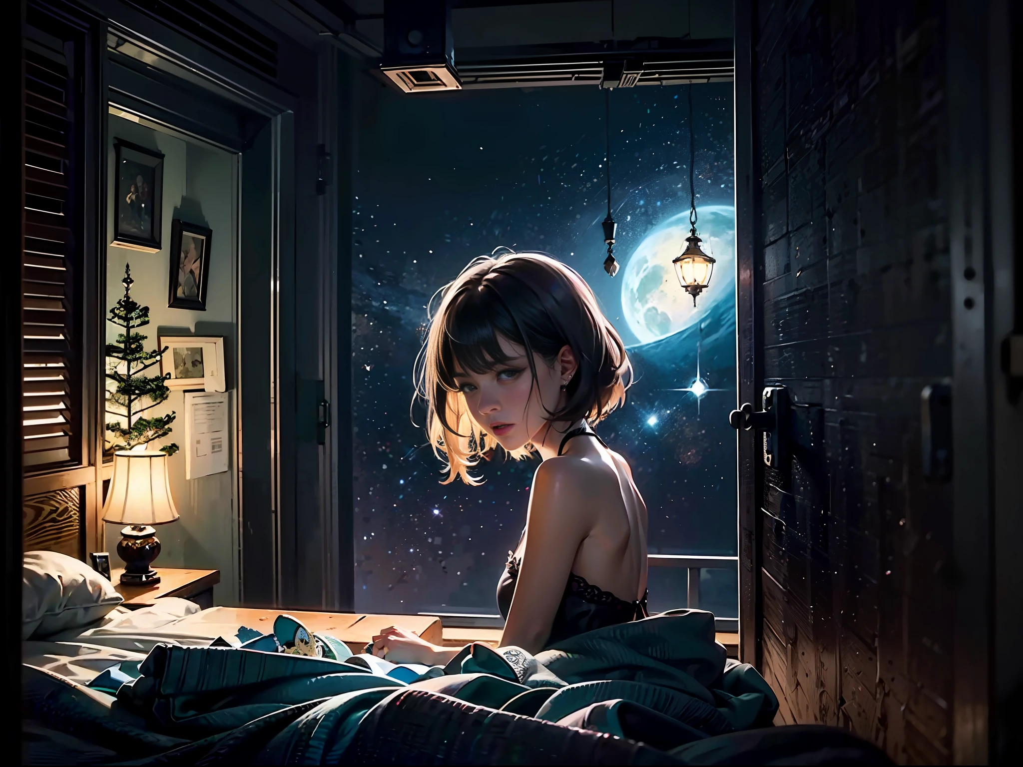 夜晚、A room in a dark apartment、38 talented beauty、back、shed tears、Melancholy face、shadowy、A space of light and shadow、Vast space、(A masterpice、best quality、best quality、Official art、Beautifully Aesthetic:1.2)、(38 talented beauty:1.3)、intensely detailed、a scene from a movie、dark ambiance、highestdetailed、(Zentangle:1.2)、(Dynamic Pause) 、(Abstract background:1.5)、(:1.2)、(Many colors:1.4)、Behind、back、sorrow、Crying、Tears、Crying