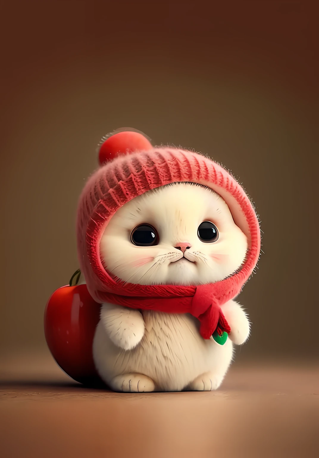 A fluffy cat , apple, dark circles, cherry, food, fruit, whole body, hat, non-human, tomato, watermelon
