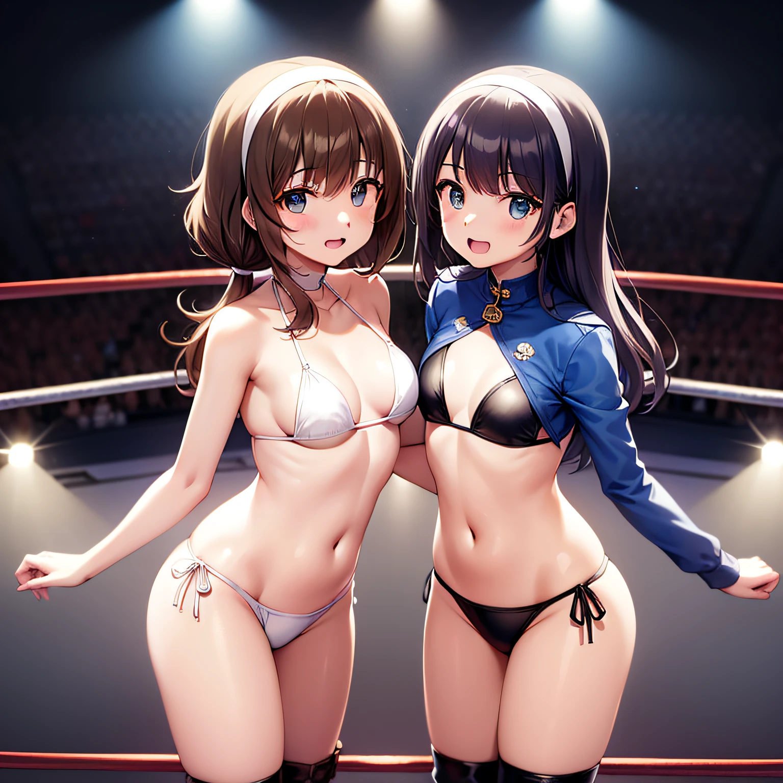 highly best quality、extremelydelicateandbeautiful、( girl)、small tits、11yo、(Dark brown hair)、Blue clothes with vertical buttons、(Haut du corps、Micro bikini for both lower body)、(ponie tail))、(white hairband)、(Brown boots)、Blue Eye、are standing、Solisos、Pro Wrestling、Audience seats、Large number of spectators、Crowd Circle View、are standing、Fight、Victory
