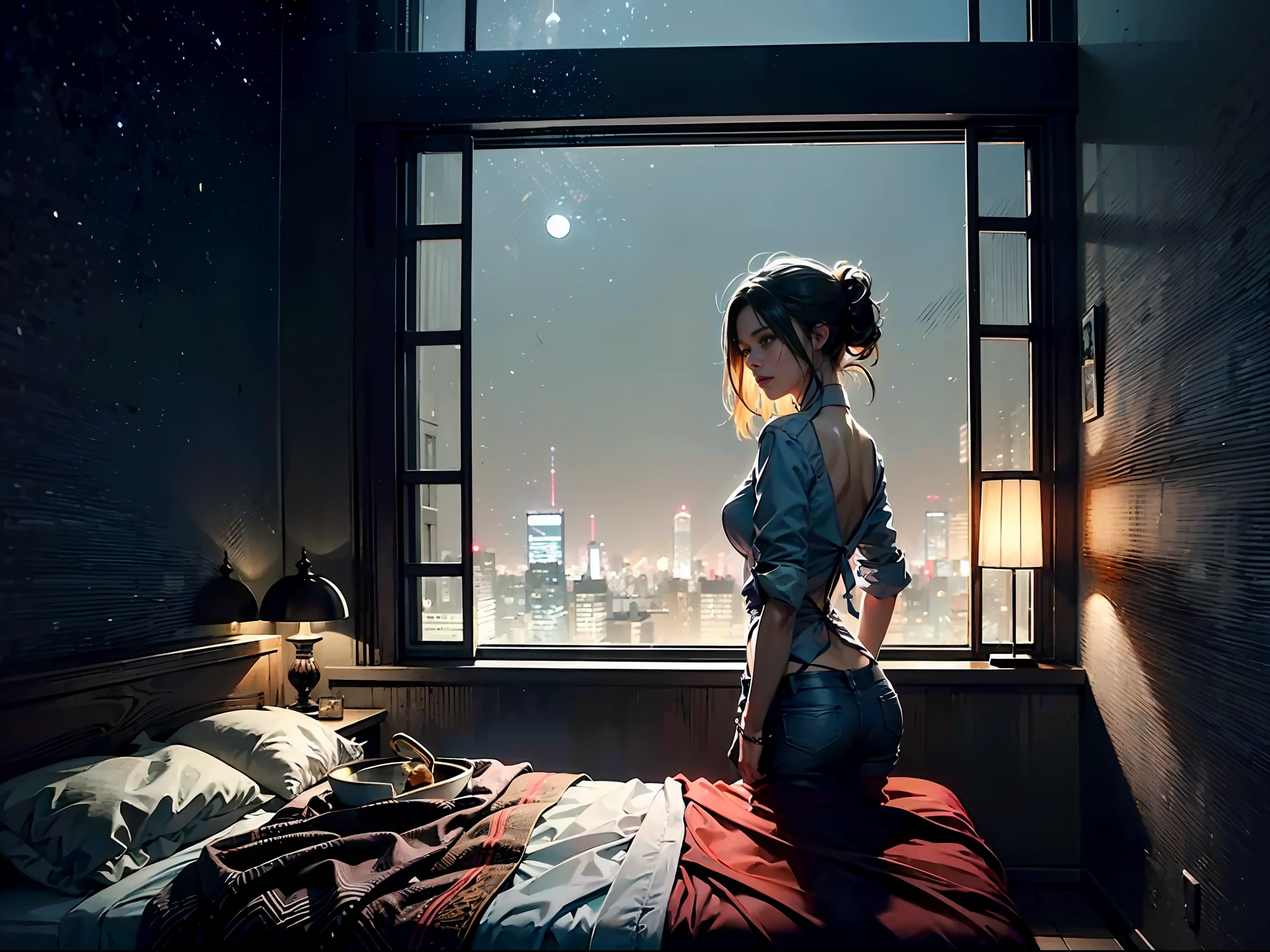 夜晚、A room in a dark apartment、38 talented beauty、back、shed tears、Melancholy face、shadowy、A space of light and shadow、Vast space、(A masterpice、best quality、best quality、Official art、Beautifully Aesthetic:1.2)、(38 talented beauty:1.3)、intensely detailed、a scene from a movie、dark ambiance、highestdetailed、(Zentangle:1.2)、(Dynamic Pause) 、(Abstract background:1.5)、(:1.2)、(Many colors:1.4)、Behind、back、sorrow、Crying、Tears、Crying