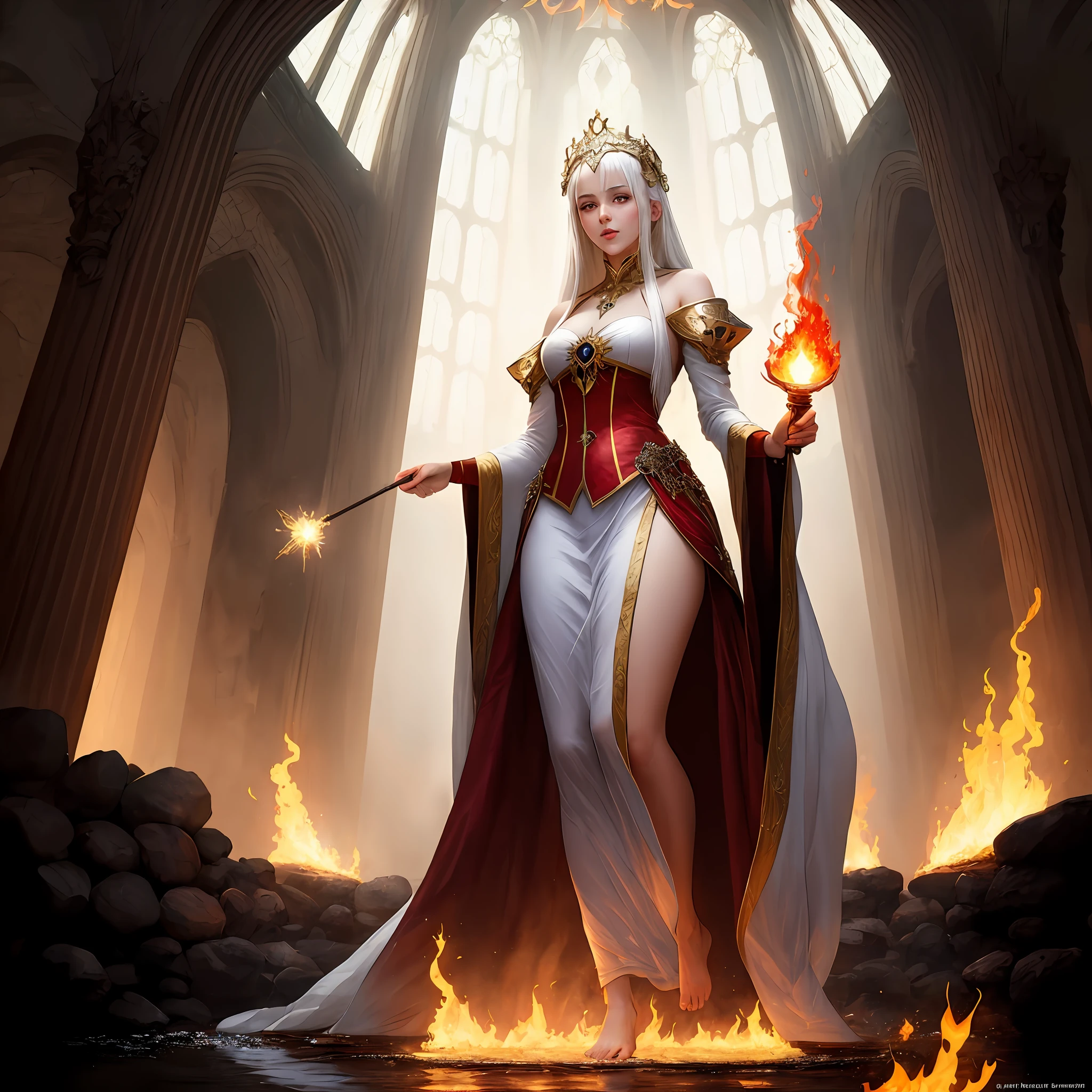 A woman in bizarre costume holding a fiery wand，Full close-up, Standing barefoot in a disc on the water，Fire in the hands，A circle of fire around the body，In the background is the alien castle of Escher，The layers are endless，Quirky building，Spooky atmosphere，Towering spires，Mysterious flames，Mysterious atmosphere，oil lamp，Red flame，Art germ on ArtStation Pixiv, Goddess of Light, IG model | Art germ, anime goddess, beautiful celestial mage, white haired deity, cushart krenz key art feminine, a beautiful fantasy empress, concept arts | Art germ, Artgerm style