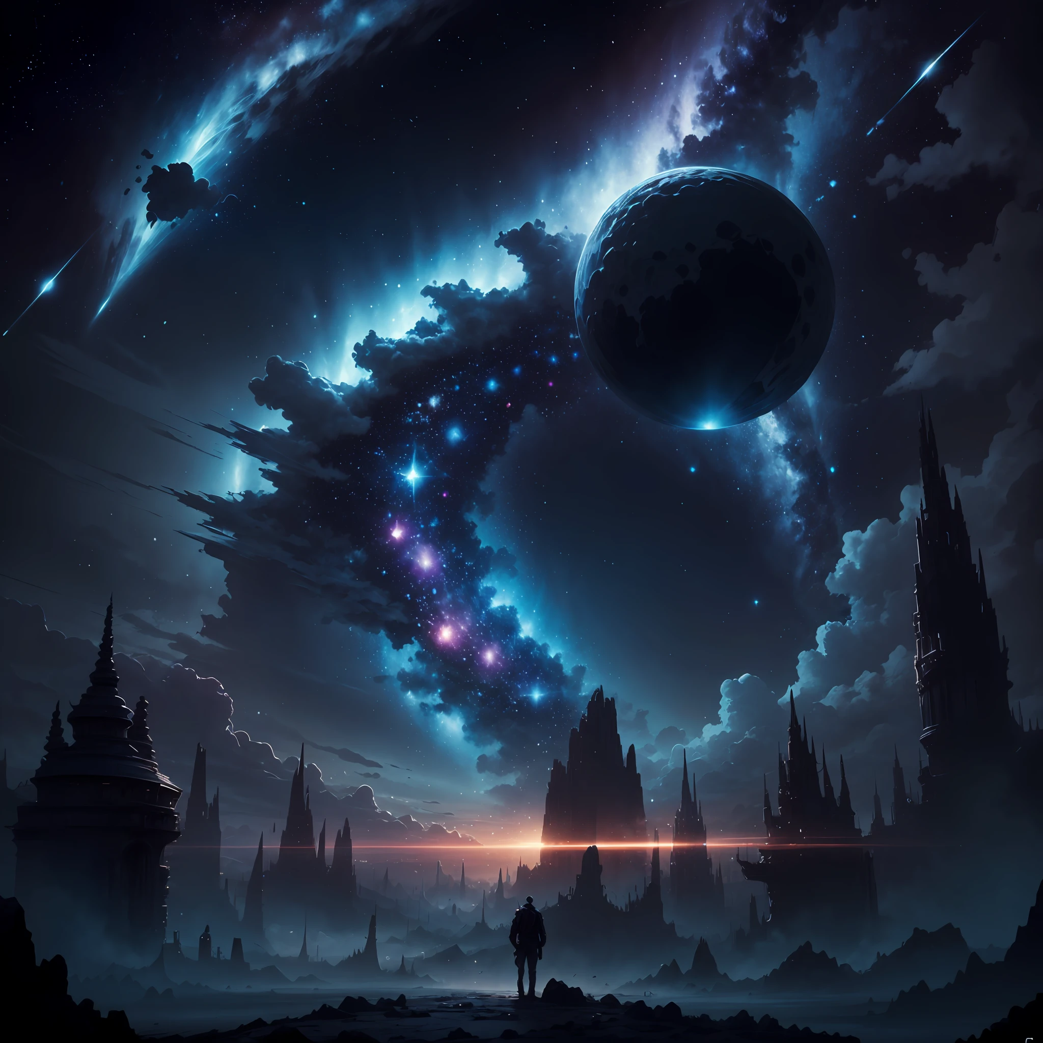 (top Quority,8K,nmasterpiece:1.3),universes,As estrelas,A comet in the distance,crescent,particle sensation,blackandwhite --auto