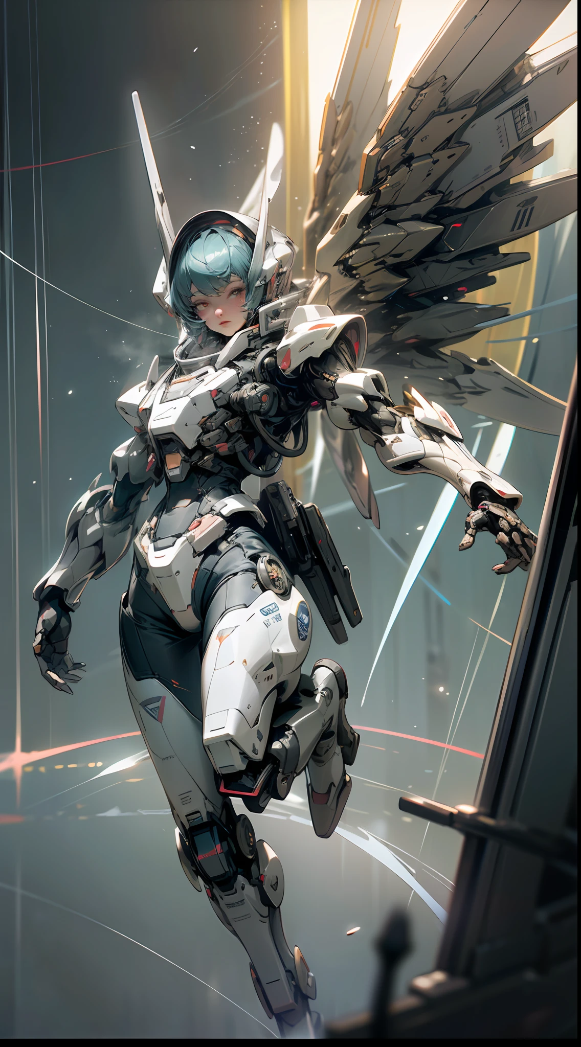 ((Best quality)), ((masterpiece)), (highly detailed:1.3), 3D, beautiful, (cyberpunk:1.2), in space, nebula, holding_weapon, (1Female mecha:1.3), facing the viewer, glowing eyes, full body, (flying, swooping down, dynamic, motion blur: 1.4), (huge mecha wings: 1.6), looking up, glowing_eyes, mecha, panorama, background is earth, nebula, space, particles, reality, HDR (High Dynamic Range), Ray Tracing, NVIDIA RTX, Super Resolution, Unreal 5, Subsurface Scattering, PBR Texturing, Post Processing, Anisotropic Filtering, Depth of Field, Maximum Clarity and Clarity, Multilayer Textures, Albedo and Specular map, Surface shading, accurate simulation of light-material interaction, perfect proportion, Octane Render, two-tone lighting, large aperture, low ISO, white balance, rule of thirds, 8K RAW, efficient sub-pixel, sub-pixel convolution,