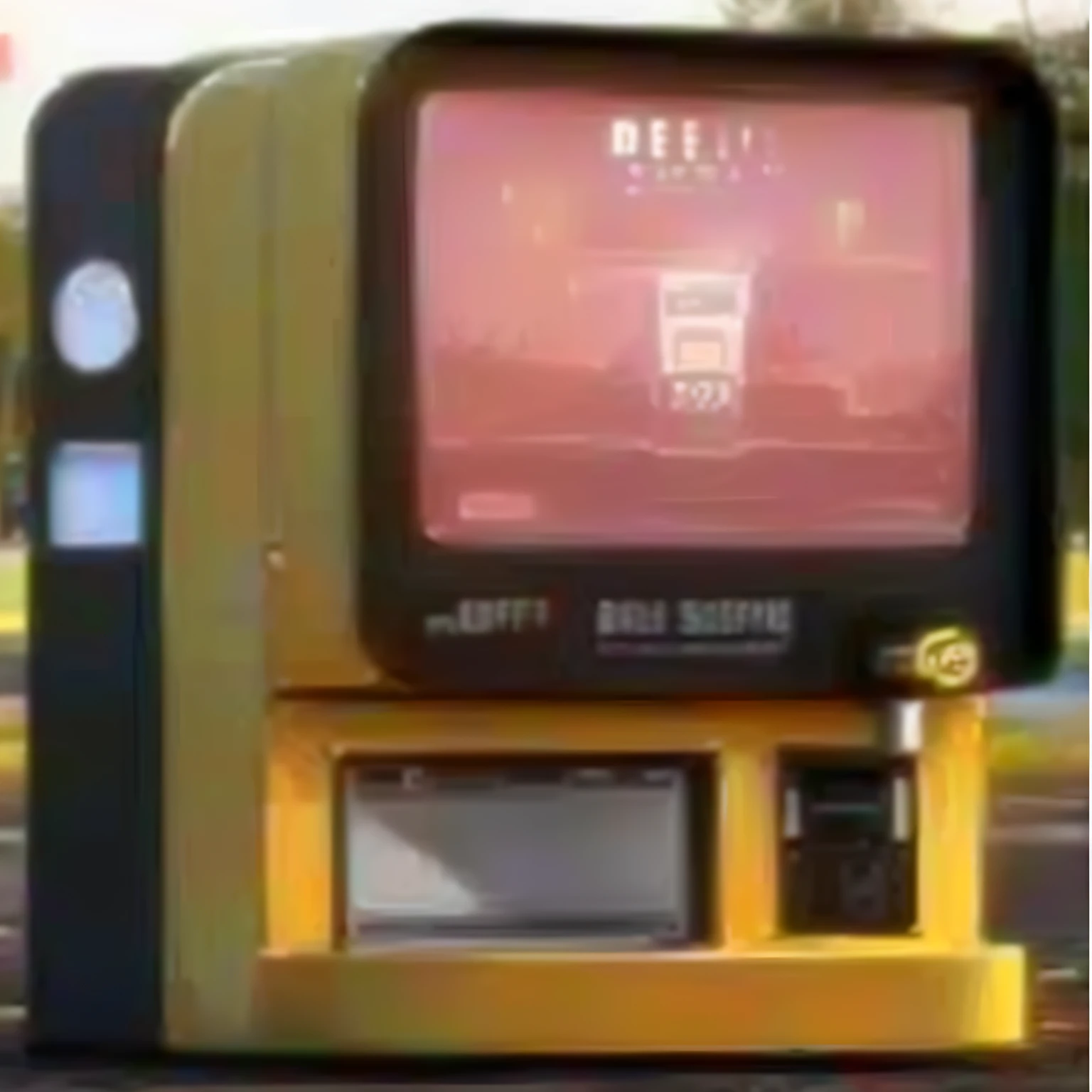 there is a small television sitting on top of a yellow stand, sci-fi vending machine, sci-fi vending machine, vending machine, broken vending machines, vending machines, coffee machines, cyberpunk bus stop, tripmachine, tripmachines, bender, name is tripmachine, movie screen shot, cyberpunk ads, glados, simin stalenhag, meme format
