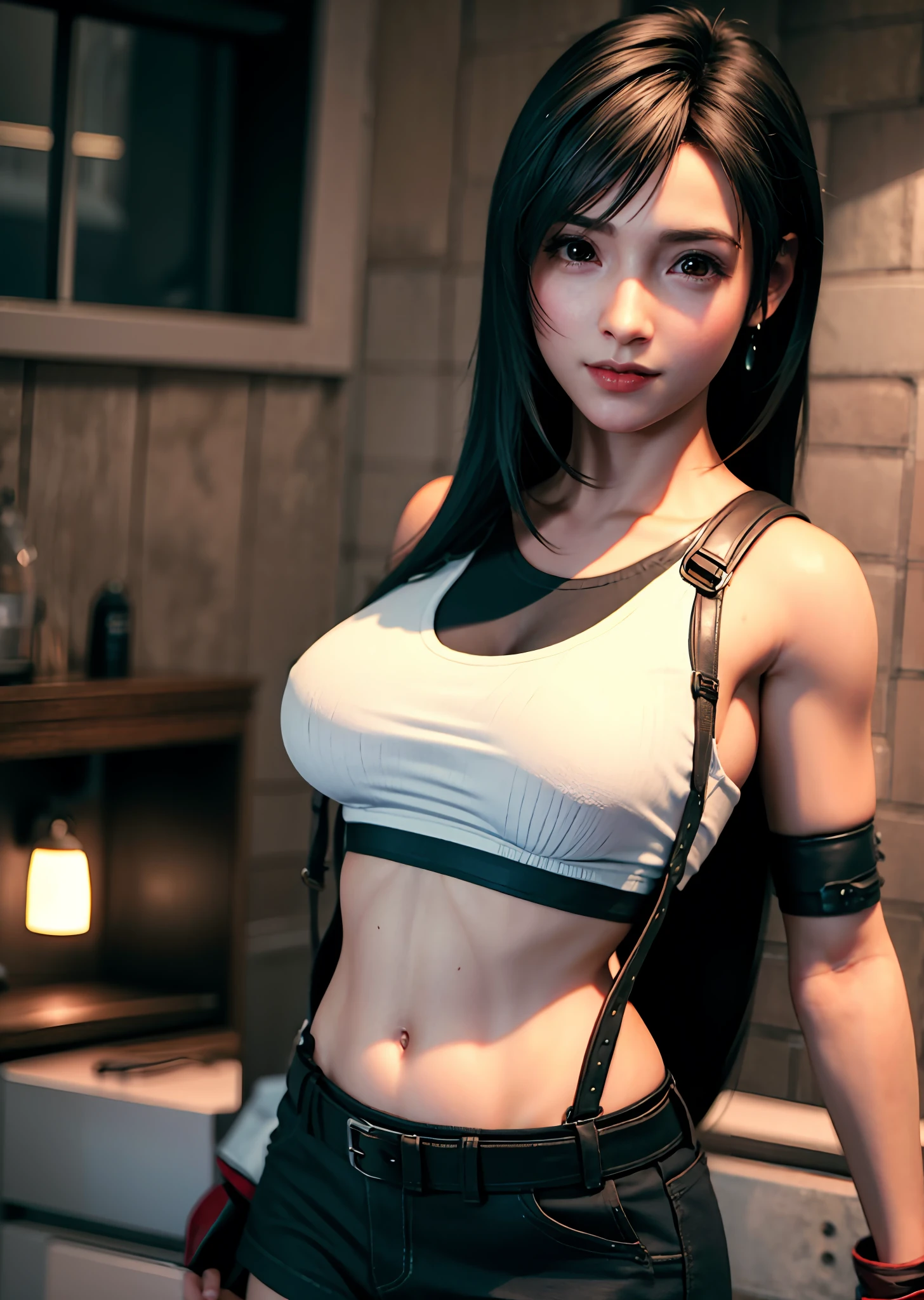 (Photorealistic: 1.4), top quality, very delicate and beautiful, high resolution, 1girl, tifa_lockhart, smile, cowboy shot, suspenders, low rise, mini skirt, tank top, tense shirt, black hair, long hair, elbow gloves, beautiful detailed red eyes, face light, movie lighting, navel, high exposure, abdomen exposure, ribs, abs, ( gigantic breasts: 1.2), dynamic poses, dynamic angles,
