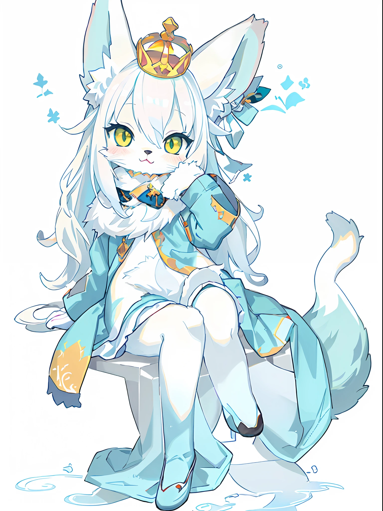anime cat with a crown and wings sitting on a white surface, ethereal fox, white cyan, White-haired fox, Soft anime illustration, Pisif style, cute detailed digital art, Pisif, white cat girl, White ( cat ) girl, digital green fox, anime cat, full body adoptable, Digital art on Pisif , adorable digital art