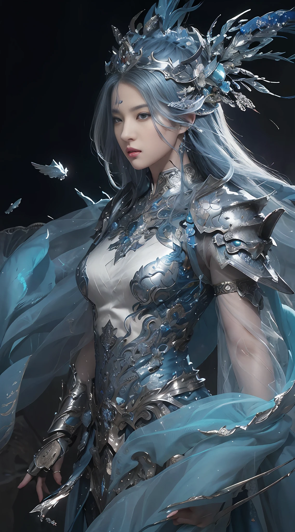 a close up of a woman in a blue dress with a feathered headpiece, detailed fantasy art, epic exquisite character art, 2. 5 d cgi anime fantasy artwork, stunning character art, 4k fantasy art, pale blue armor, highly detailed fantasy art, detailed fantasy digital art, clothed in ethereal armor, fantasy art style, beautiful armor, beautiful fantasy art