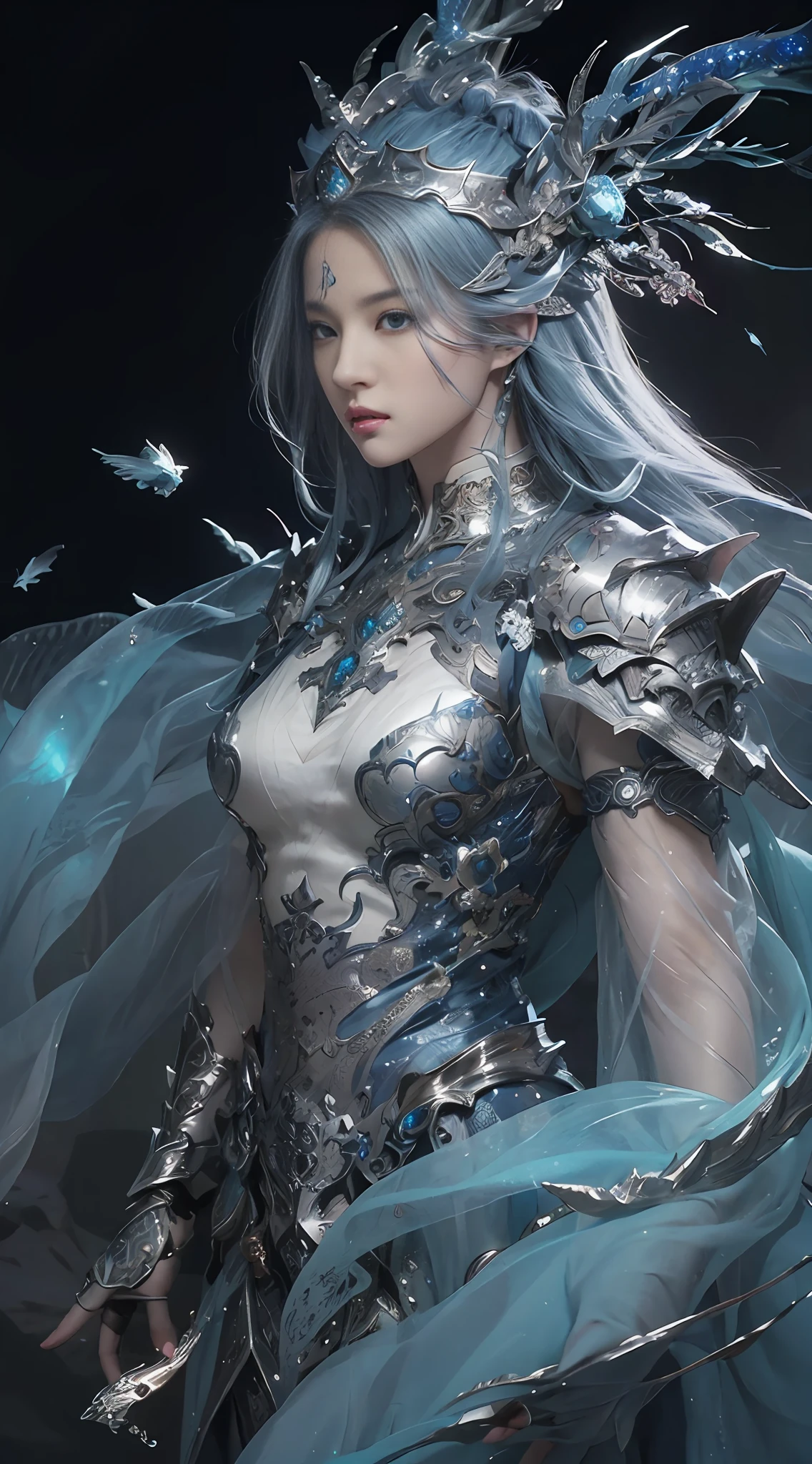 a close up of a woman in a blue dress with a feathered headpiece, detailed fantasy art, epic exquisite character art, 2. 5 d cgi anime fantasy artwork, stunning character art, 4k fantasy art, pale blue armor, highly detailed fantasy art, detailed fantasy digital art, clothed in ethereal armor, fantasy art style, beautiful armor, beautiful fantasy art