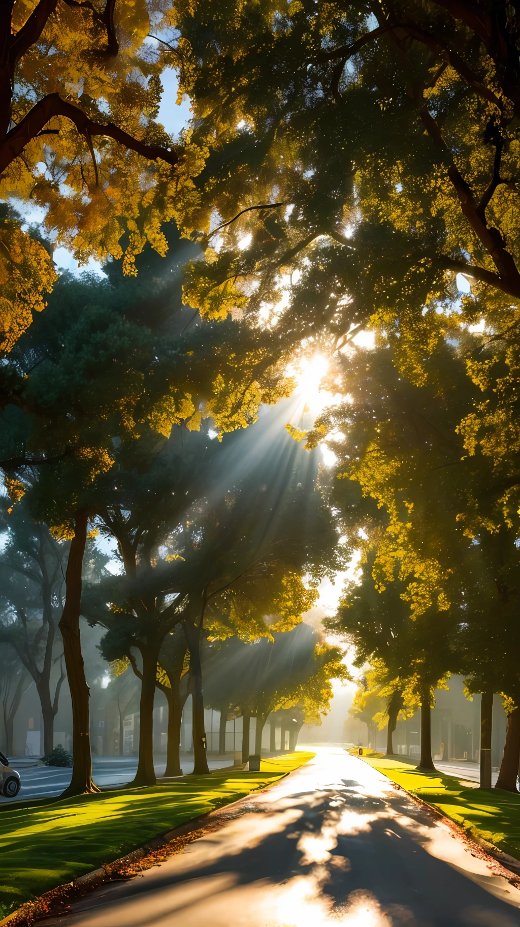 City Streets Morning Sun Rays Ancient Trees Rays of Hope Immersive Ultra-Realistic 8K Street View Tyndall Rays The sides of the road are covered with small white flowers