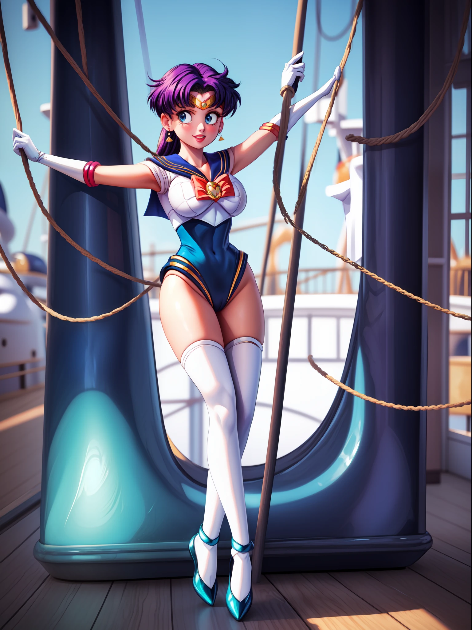 ((Full body):1.5), 1woman, wearing {((Sailor Moon costume, white with blue parts,, extremely tight body):1.2)}, has {extremely giant breasts}, {she has purple hair, short, mohawk, blue eyes}, she is looking at the viewer, {look of pure pleasure, fawn expression of pure pleasure, {she is leaning against a pole, posing erotic for the viewer}, {Background: very fancy yacht full of people}, 16k, high quality, high detail, UHD