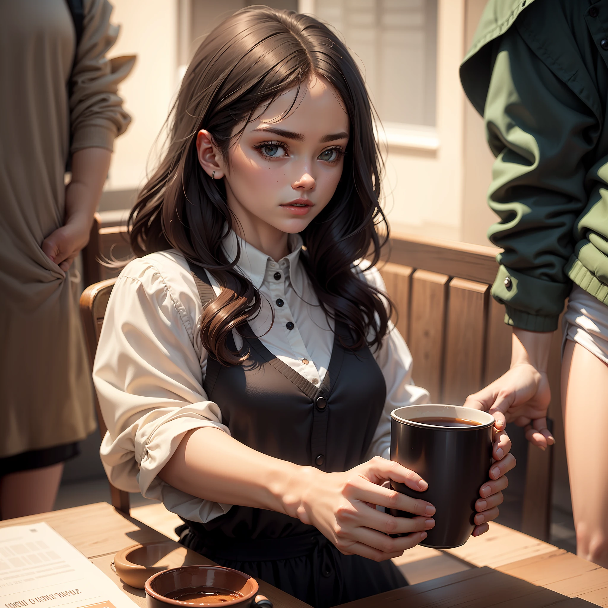 The person holding the cup has a clear description of the hand holding the cup