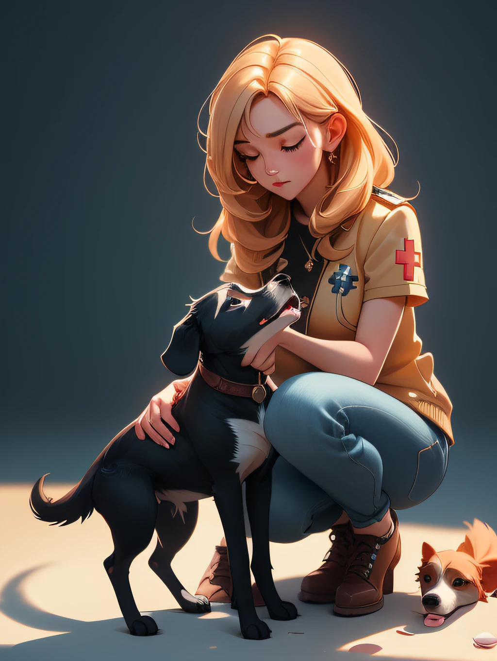 (extremely detailed CG unity 8k wallpaper,masterpiece, best quality, ultra-detailed),(best illumination, best shadow, an extremely delicate and beautiful),caring,first aid,woman and animal,bonding moment,dog's leg injury,her touch gentle,calm,empathy.