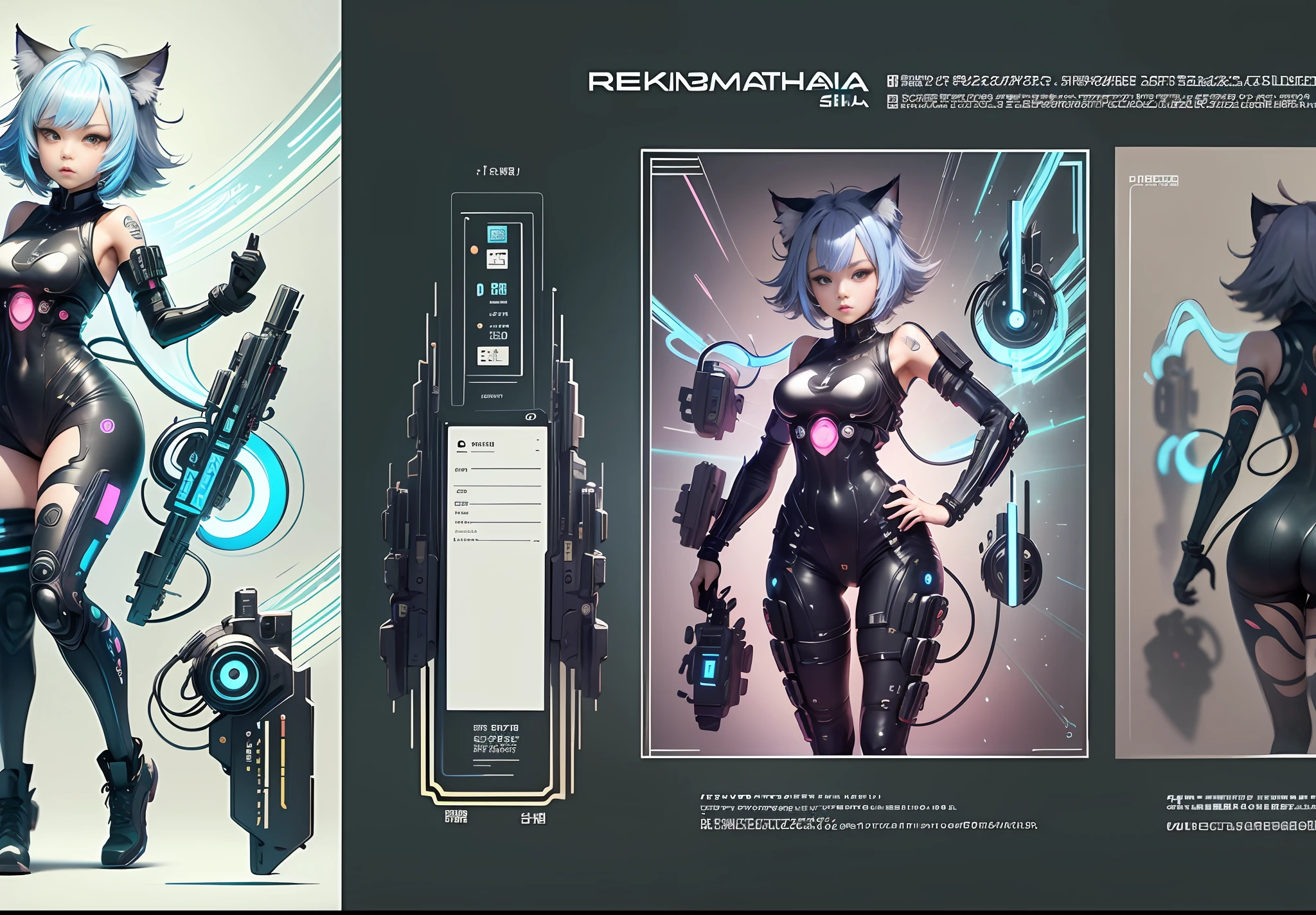 Japanese manga style character sheet of Reika Shimohira as a cyberpunk nekomata catgirl, front and back view wearing the same outfit, full body, small thumbnail portraits on one side, colorful cyberpunk bodysuit, white and black background, equipment, weapon, detailed, intricate