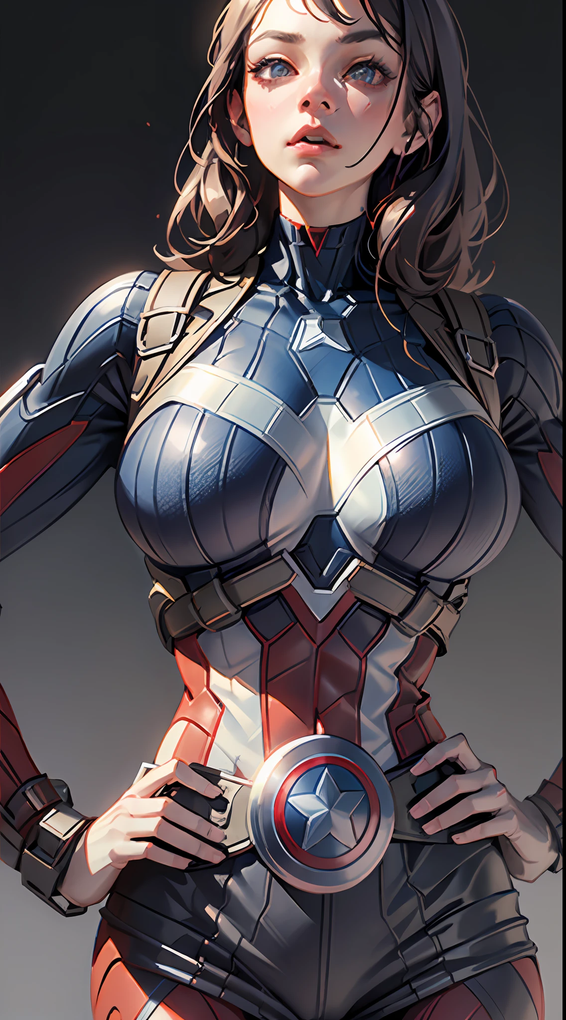 Woman dressed as Captain America from Marvel, big breasts, frontal, full-length, looking at the camera, facing the audience, standing pose, simple background, three-dimensional light, detailed full-body concept, sleek digital concept art, beautiful full-body concept art, art trend, full-length CGsociety,