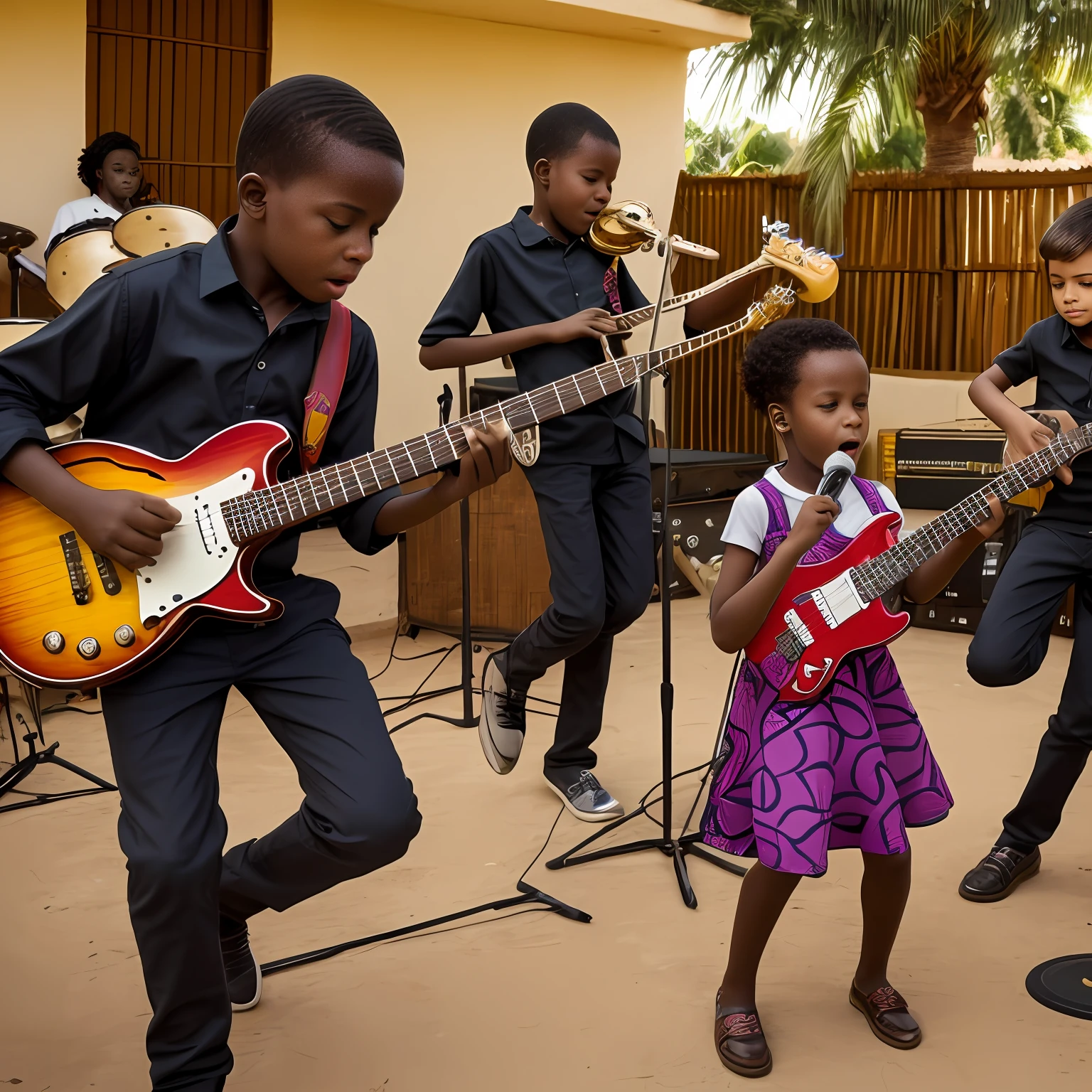 s africanos tocando piando e vocalista, Banda Musical Infantil Africana, guitarra de piano